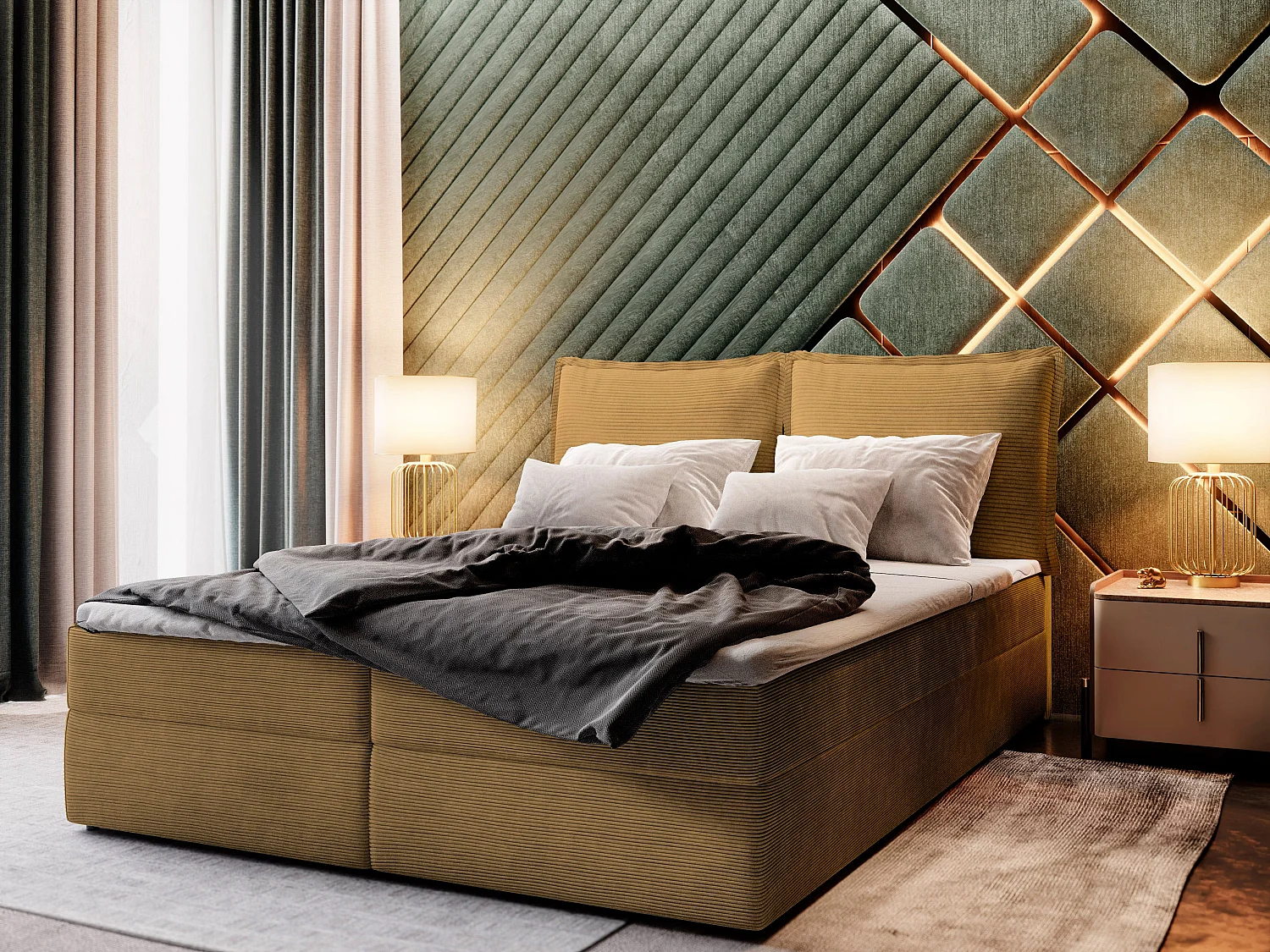 Lit boxspring LENTE 200x200 cm avec tête de lit, sommier et matelas, Jaune