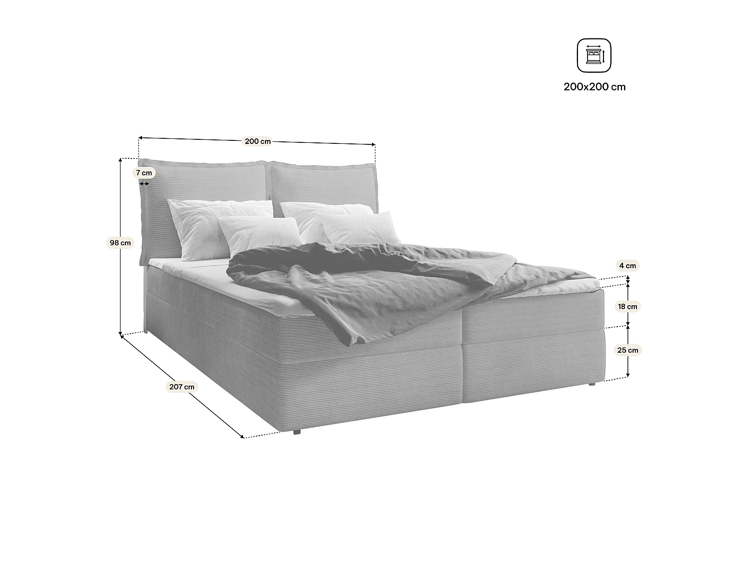 Lit boxspring LENTE 200x200 cm avec tête de lit, sommier et matelas, Jaune