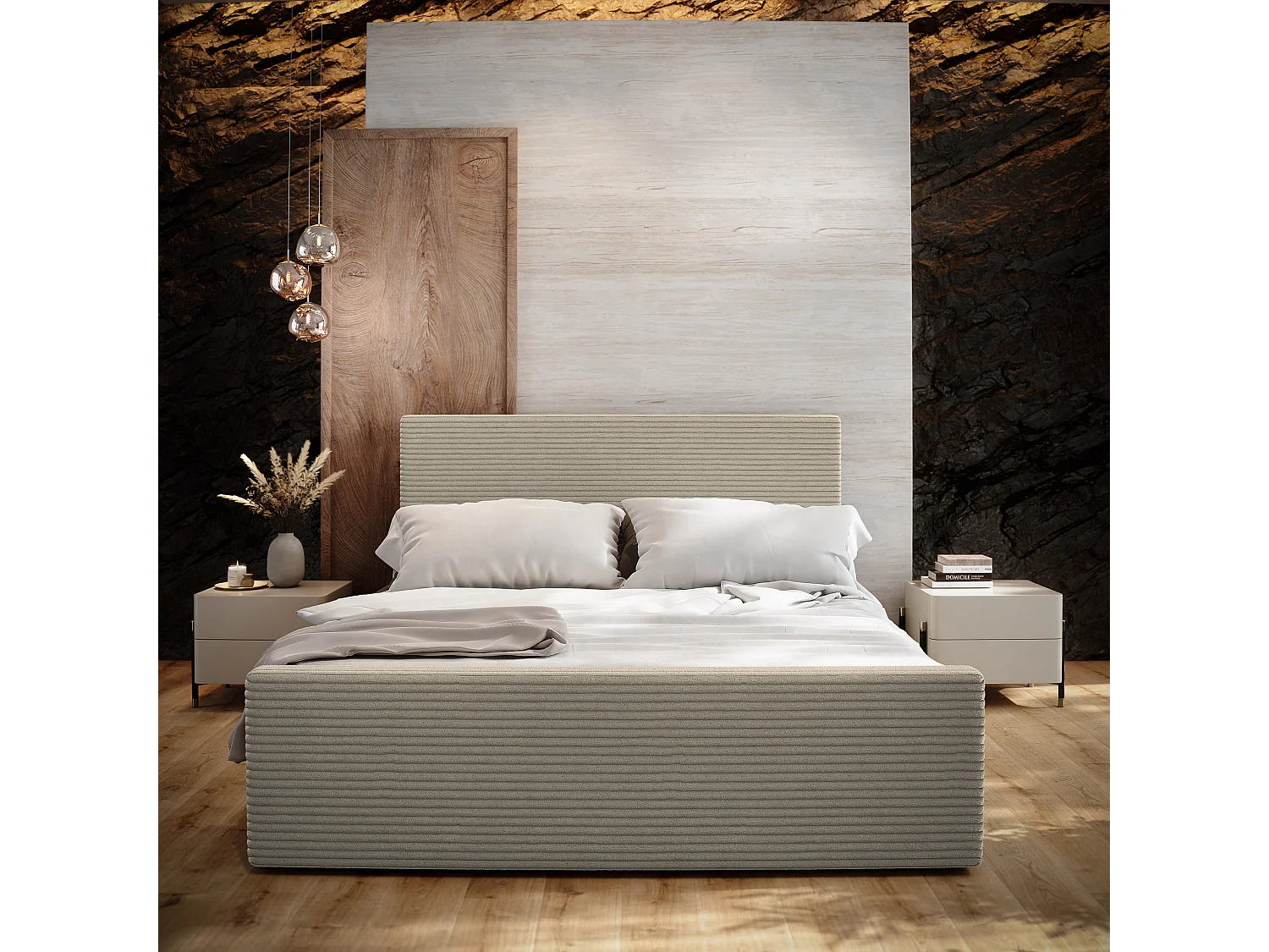 Boxspringbett ALORIA 200x200 cm Set mit Kopfteil, Bettgestell und Matratze, Beige