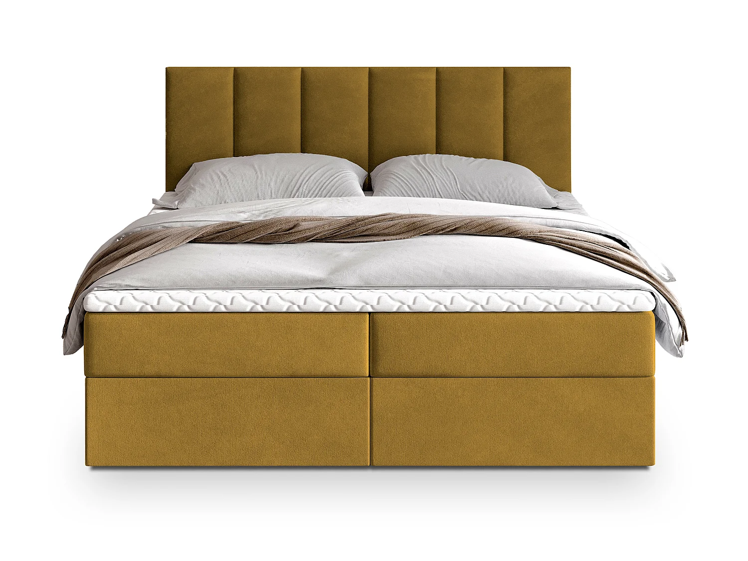 Lit boxspring MERIL 200x200 cm avec tête de lit, sommier et matelas, Jaune