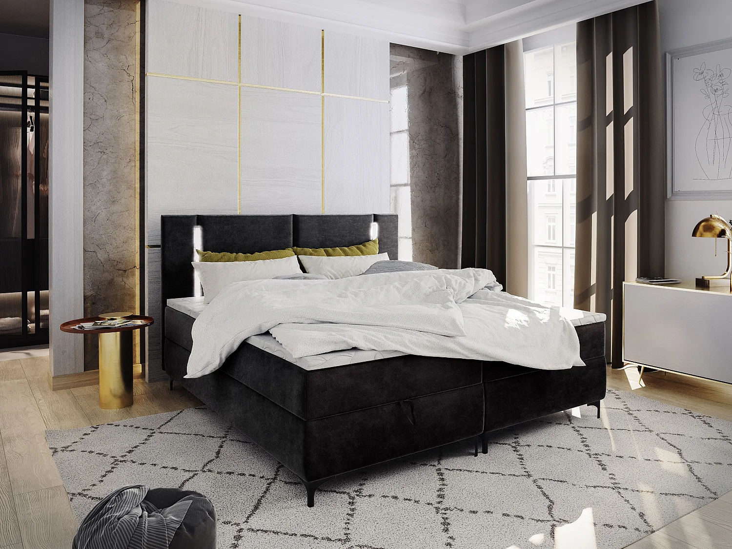 Boxspringbed ALBA 200x200 cm Set met hoofdbord, bedbodem en matras, Zwart
