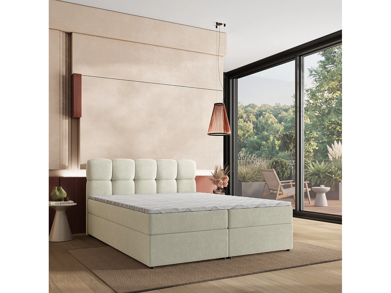 Boxspringbett MERU 160x200 cm Set mit Kopfteil, Bettgestell und Matratze, Cremig