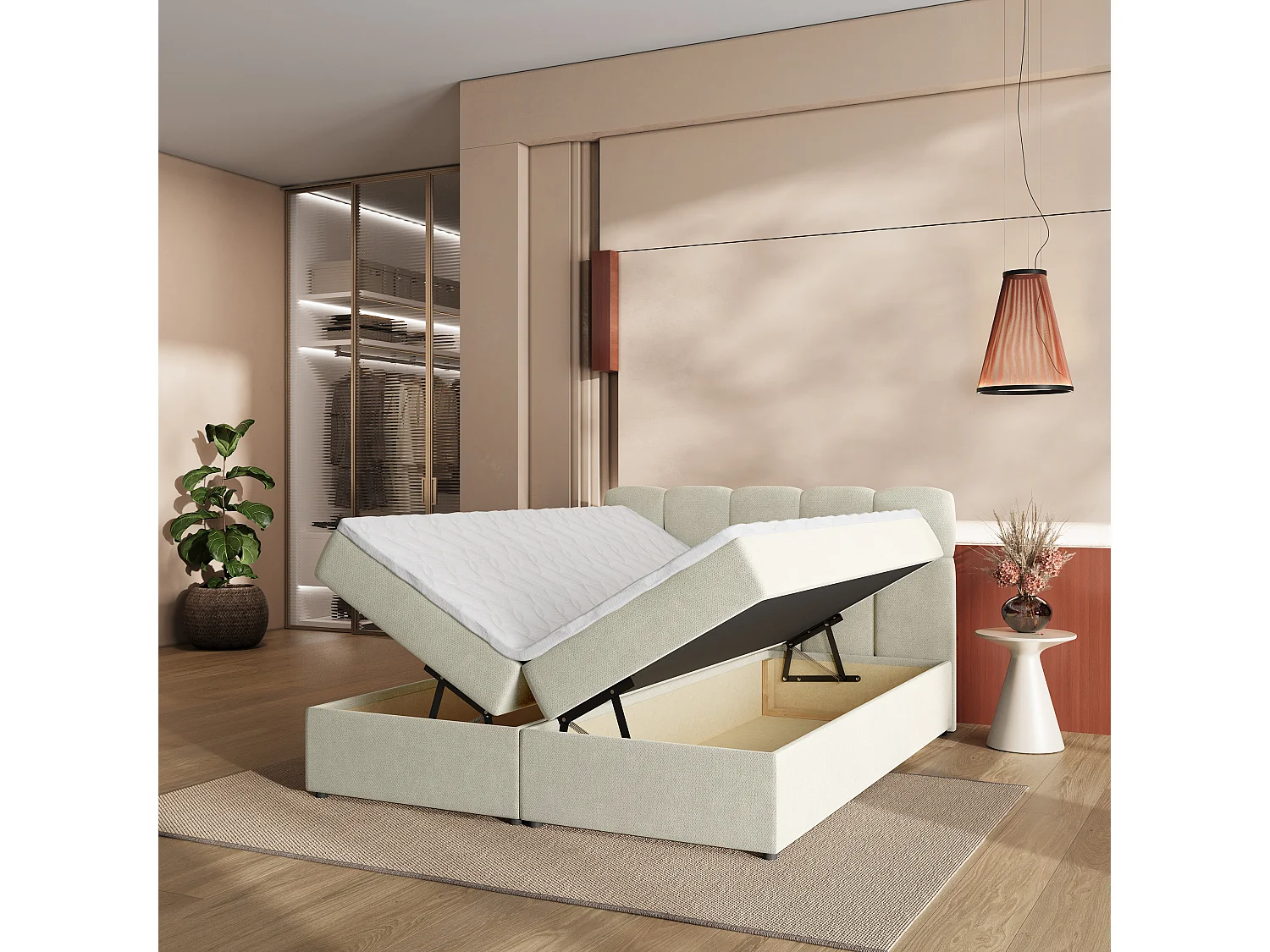 Boxspringbett MERU 160x200 cm Set mit Kopfteil, Bettgestell und Matratze, Cremig