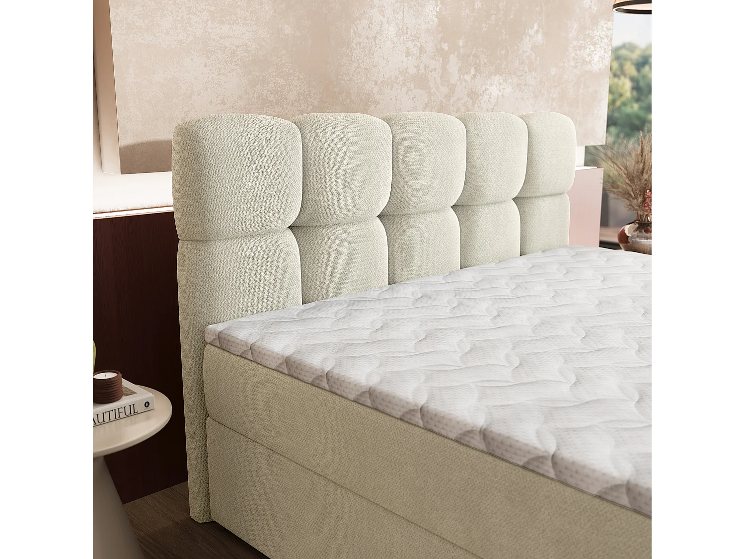 Boxspringbett MERU 160x200 cm Set mit Kopfteil, Bettgestell und Matratze, Cremig