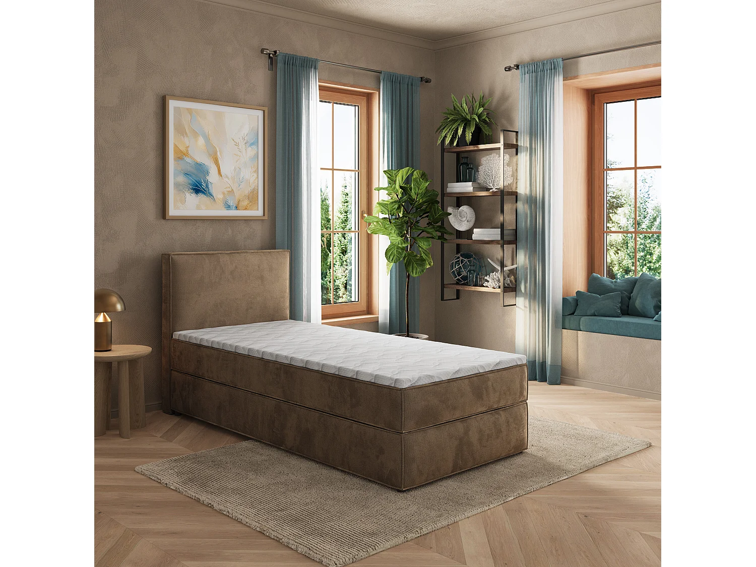 Boxspringbett PELLIO 90x200 cm Set mit Kopfteil, Bettgestell und Matratze, Beige