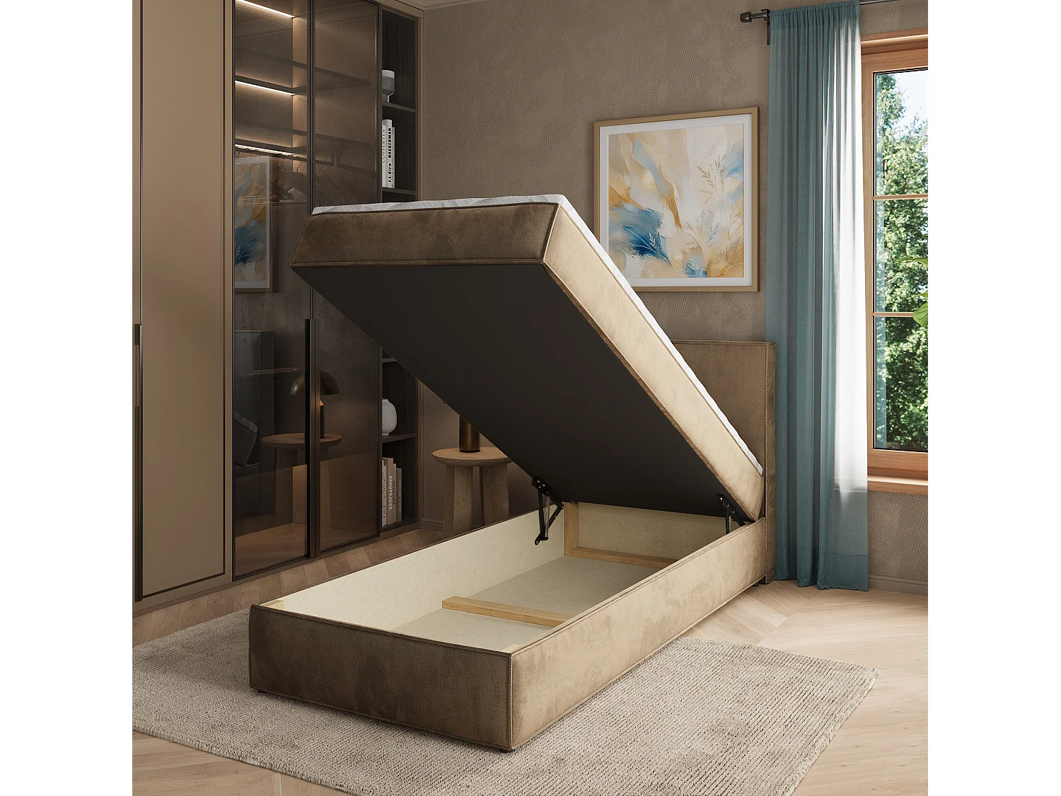 Boxspringbett PELLIO 90x200 cm Set mit Kopfteil, Bettgestell und Matratze, Beige