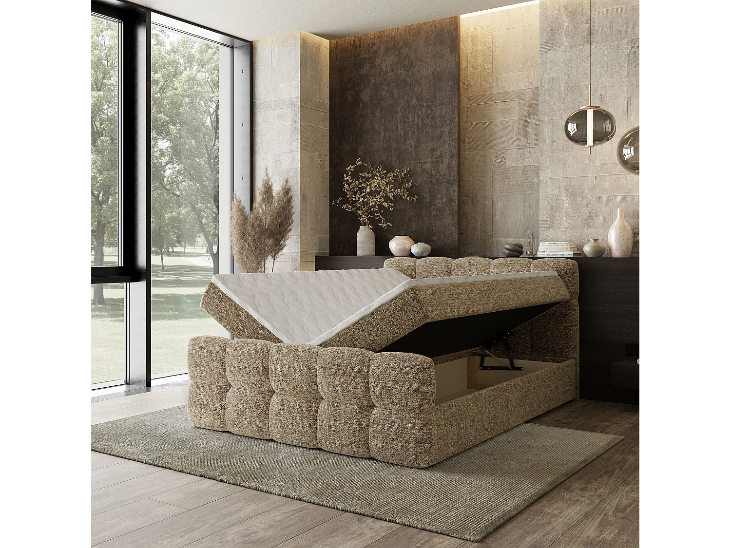 Boxspringbett BRUME 180x200 cm Set mit Kopfteil, Bettgestell und Matratze, Beige