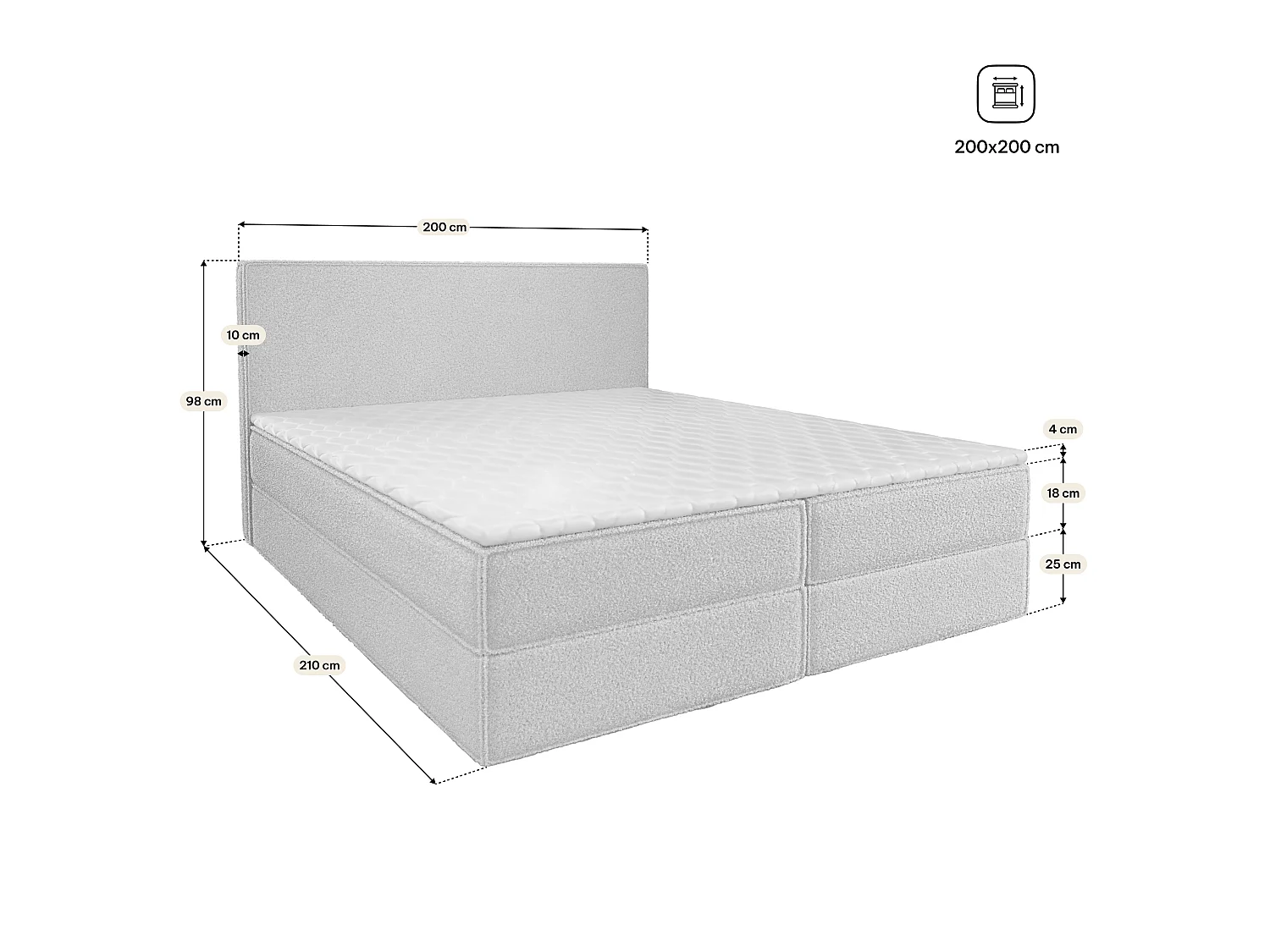 Boxspringbett PELLIO 200x200 cm Set mit Kopfteil, Bettgestell und Matratze, Cremig