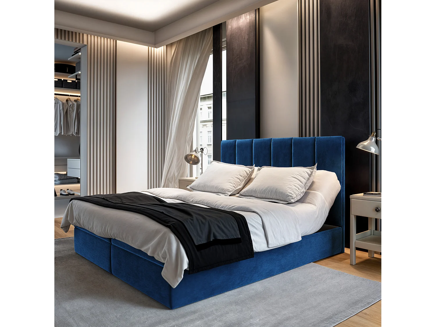 Boxspringbed BARINO 200x200 cm Set met hoofdbord, bedbodem en matras, Blauw