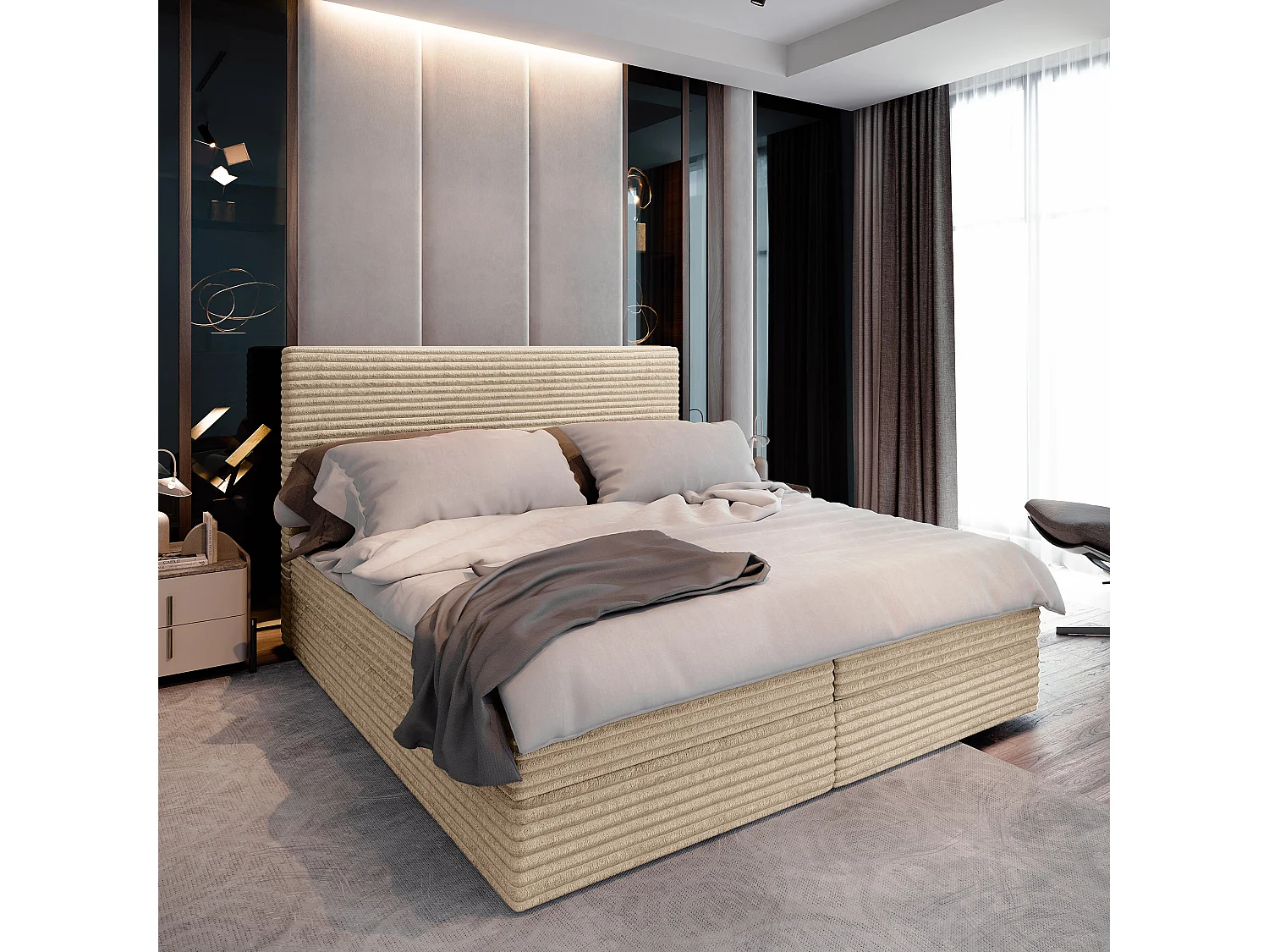 Boxspringbett PISA 200x200 cm Set mit Kopfteil, Bettgestell und Matratze, Cremig