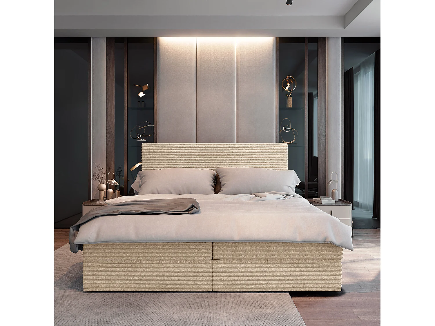 Boxspringbett PISA 200x200 cm Set mit Kopfteil, Bettgestell und Matratze, Cremig