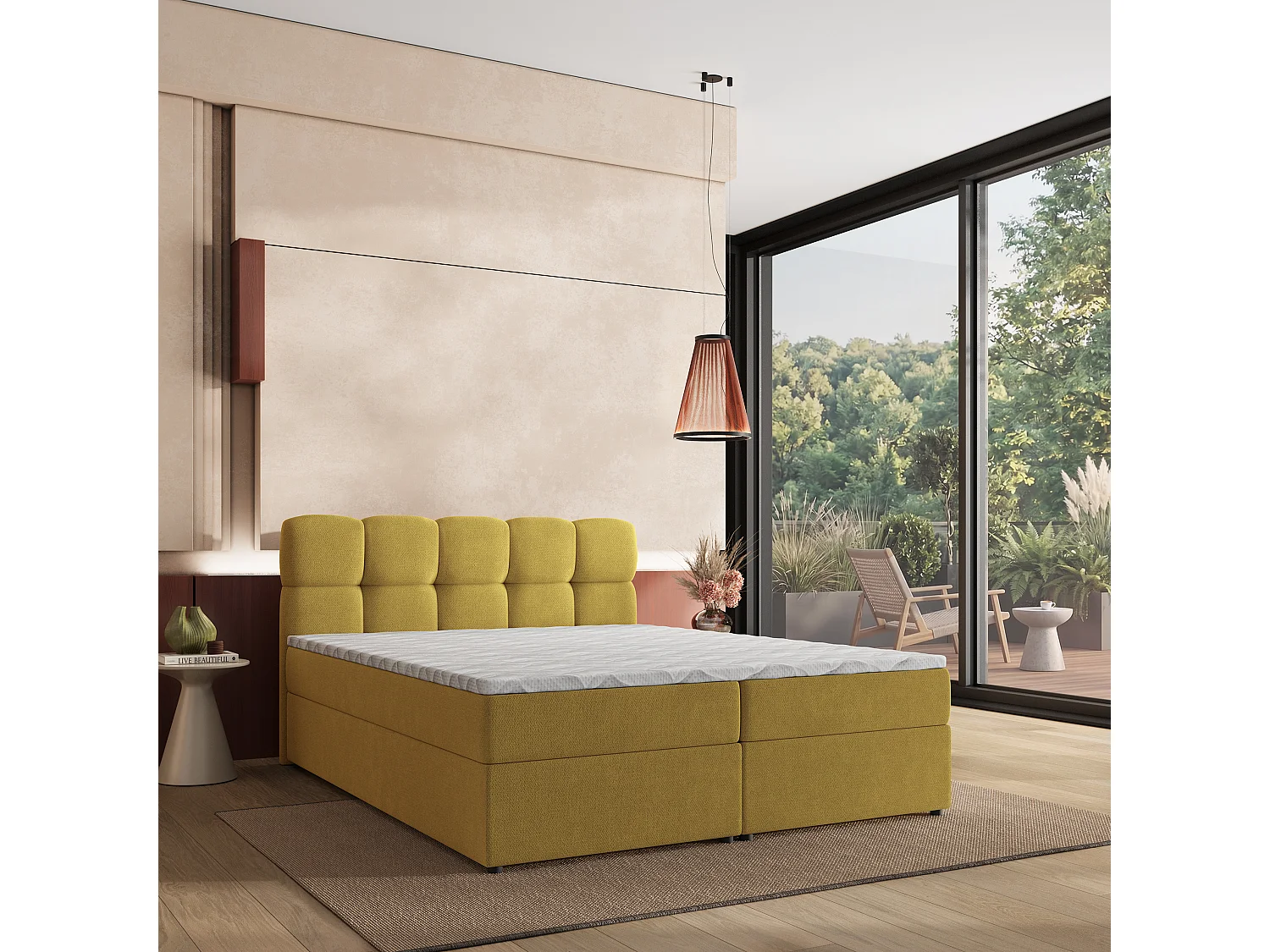 Lit boxspring MERU 140x200 cm avec tête de lit, sommier et matelas, Jaune