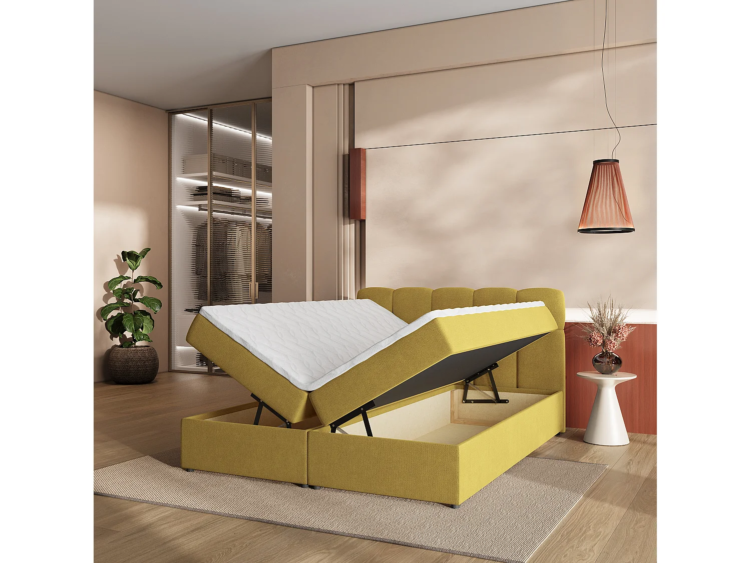 Lit boxspring MERU 140x200 cm avec tête de lit, sommier et matelas, Jaune
