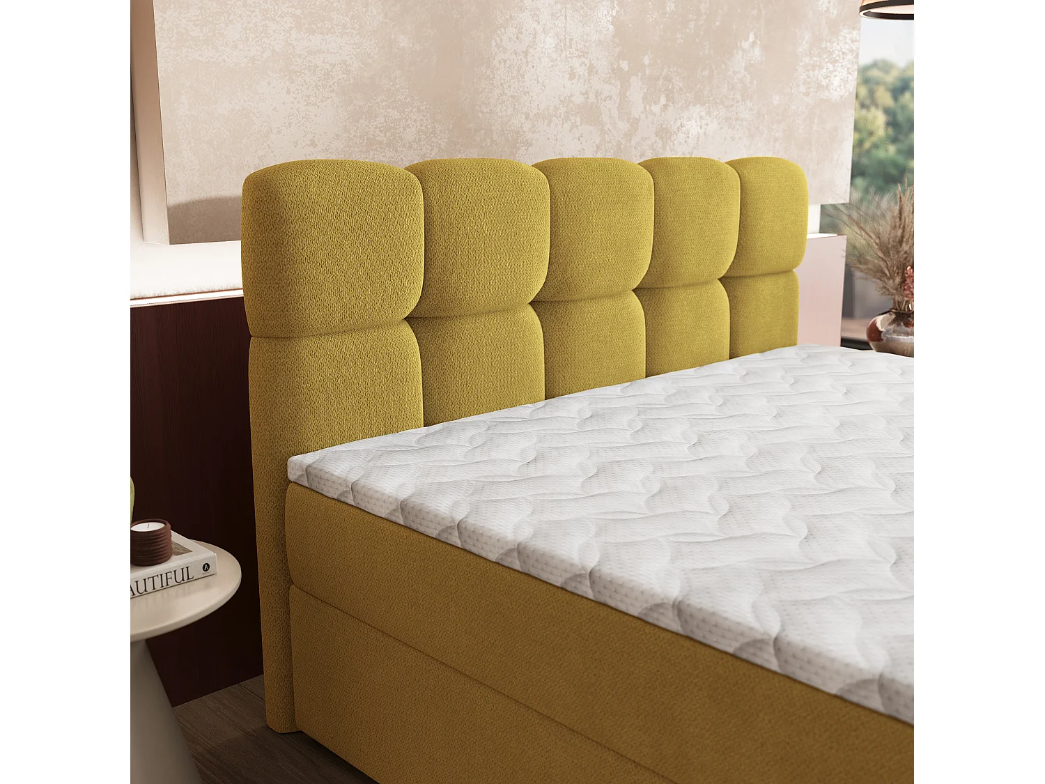 Lit boxspring MERU 140x200 cm avec tête de lit, sommier et matelas, Jaune