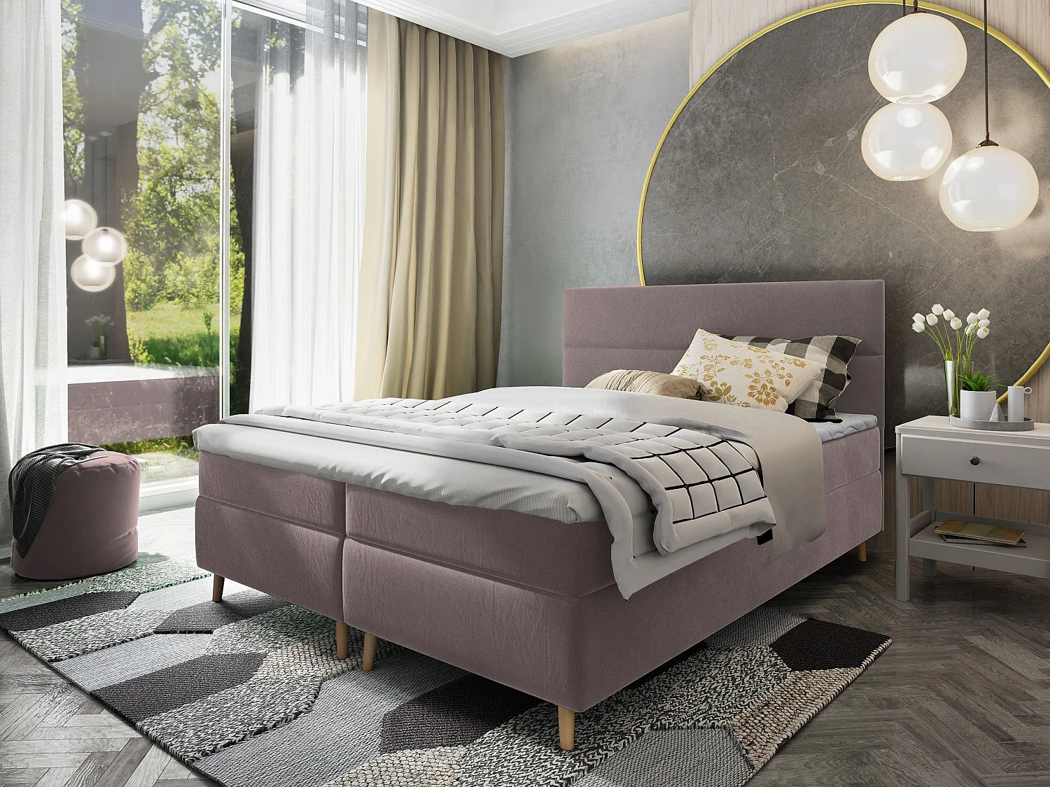 Lit boxspring SANTA 200x200 cm avec tête de lit, sommier et matelas, Rose poudré