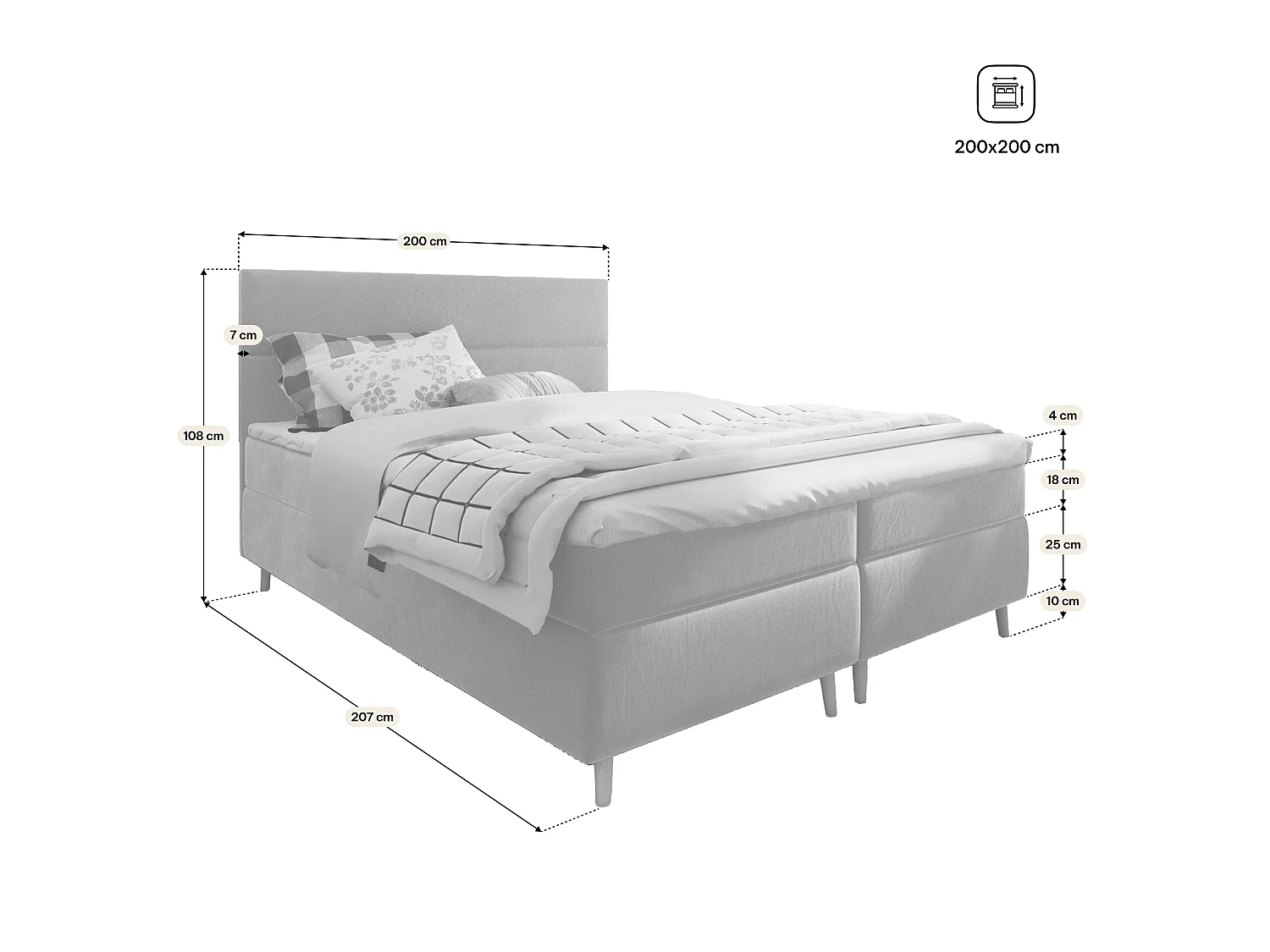 Lit boxspring SANTA 200x200 cm avec tête de lit, sommier et matelas, Rose poudré