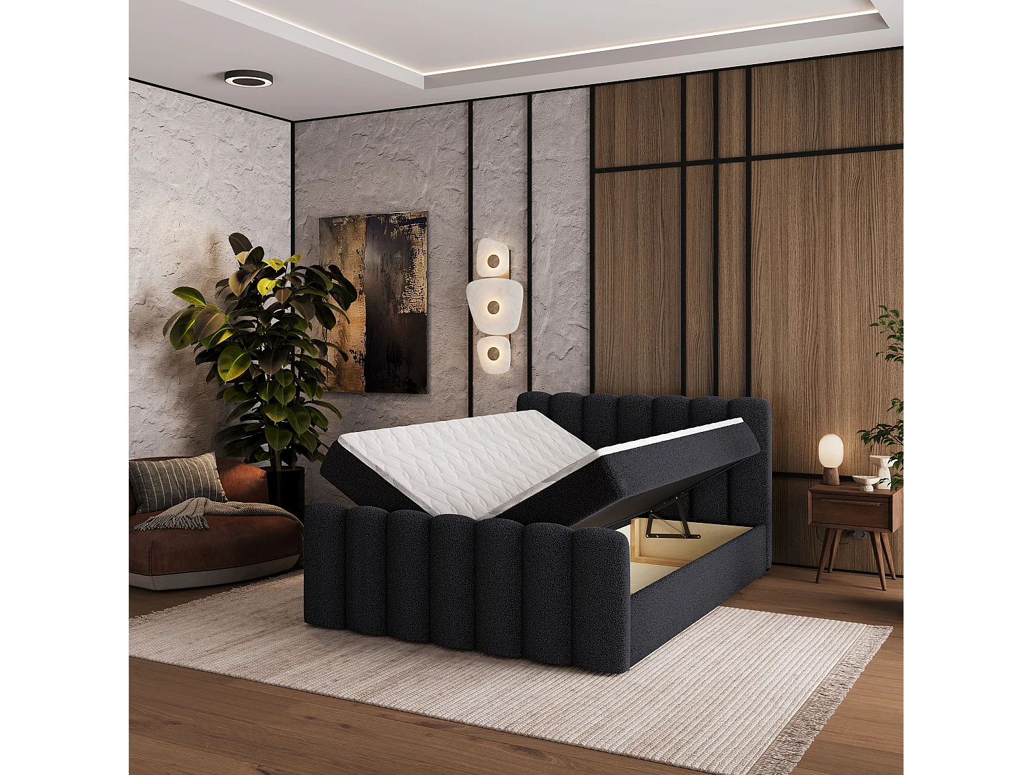 Boxspringbed CELLA 180x200 cm Set met hoofdbord, bedbodem en matras, Zwart