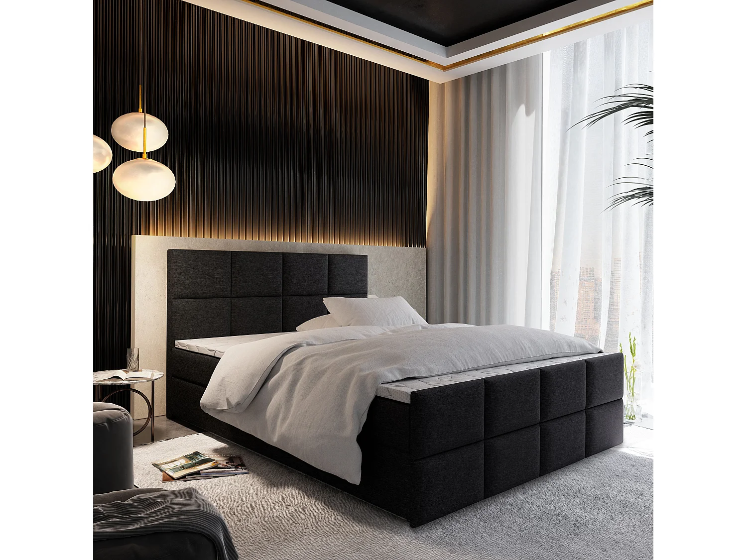 Boxspringbed ARIEL 200x200 cm Set met hoofdbord, bedbodem en matras, Zwart