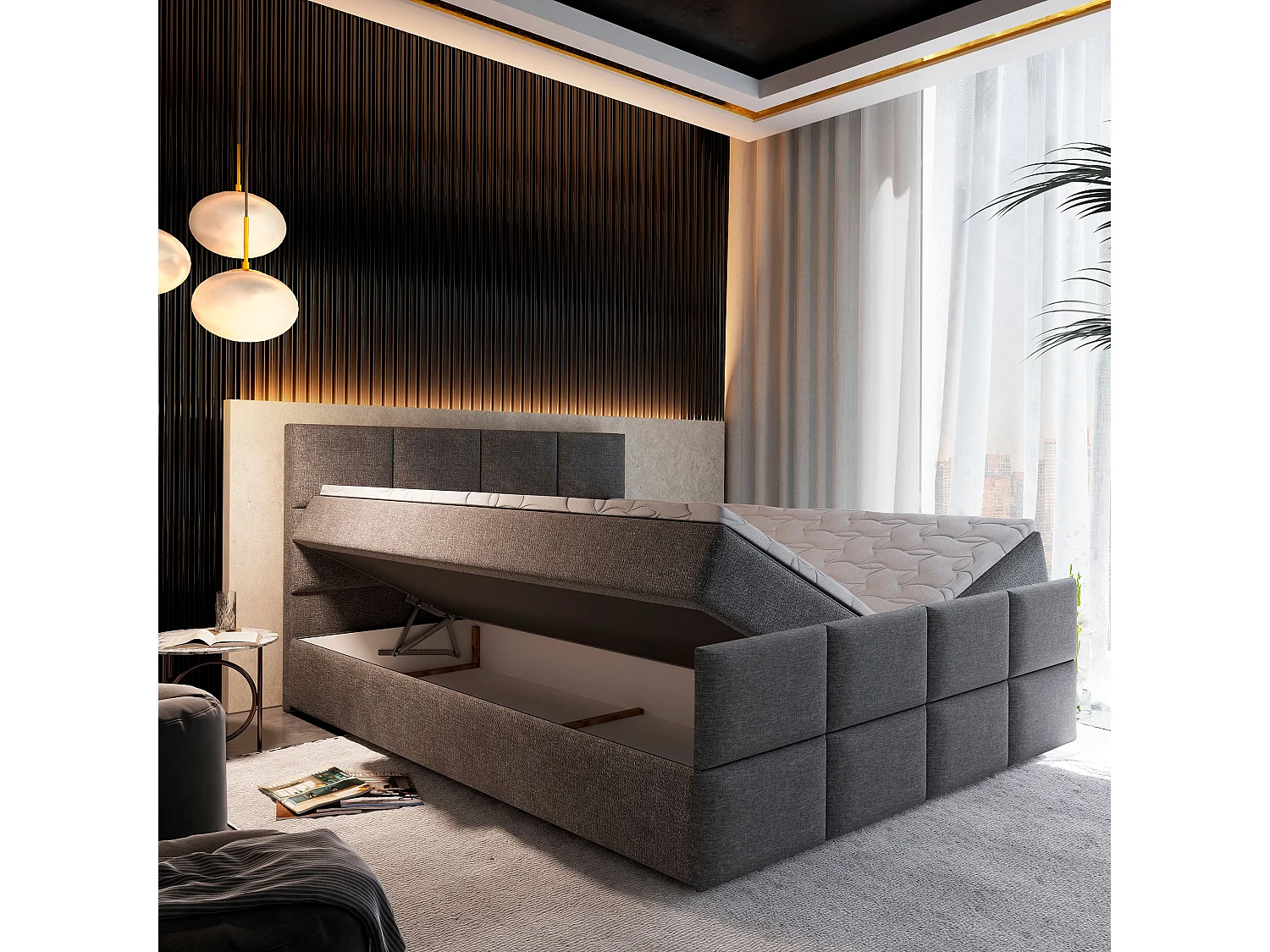 Boxspringbed ARIEL 200x200 cm Set met hoofdbord, bedbodem en matras, Zwart