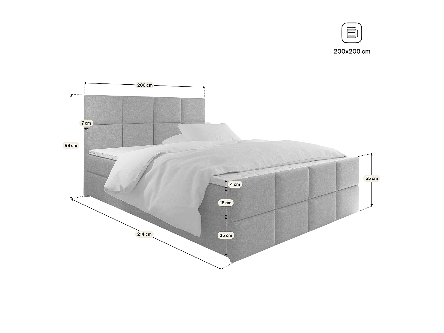Boxspringbed ARIEL 200x200 cm Set met hoofdbord, bedbodem en matras, Zwart