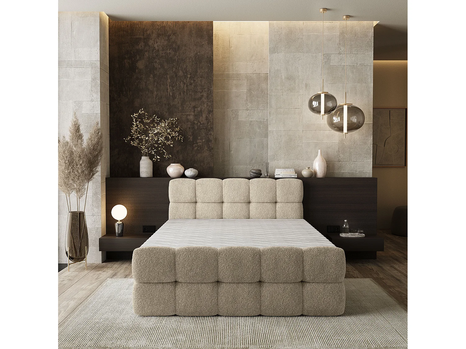 Lit boxspring BRUME 200x200 cm avec tête de lit, sommier et matelas, Crème