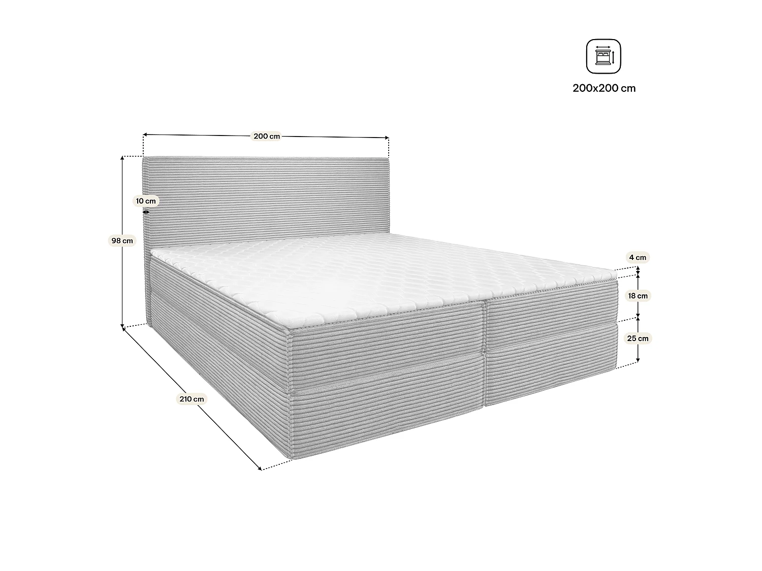 Boxspringbed PELLIO 200x200 cm Set met hoofdbord, bedbodem en matras, Zwart