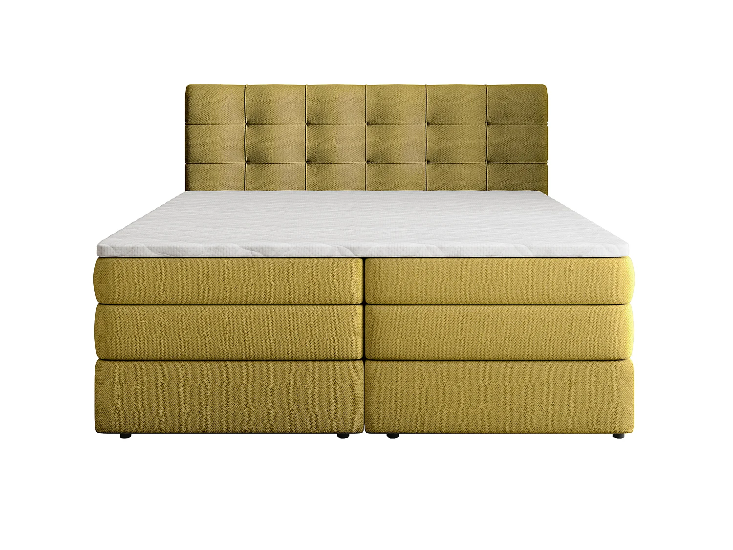 Lit boxspring AREZI 200x200 cm avec tête de lit, sommier, matelas à ressorts Bonnell et matelas à ressorts ensachés, Jaune
