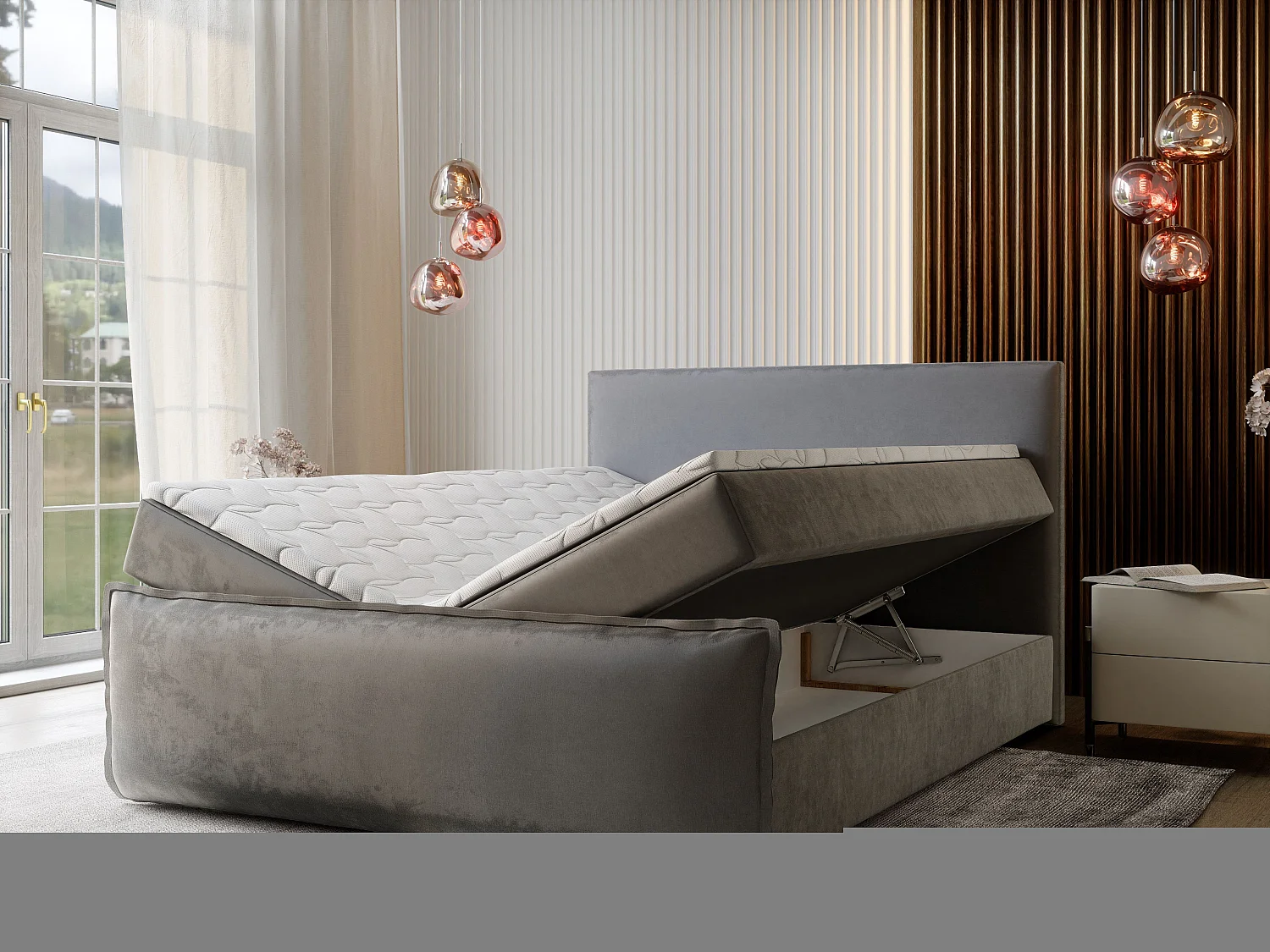 Lit boxspring MONTA 200x200 cm avec tête de lit, sommier et matelas, Rose poudré