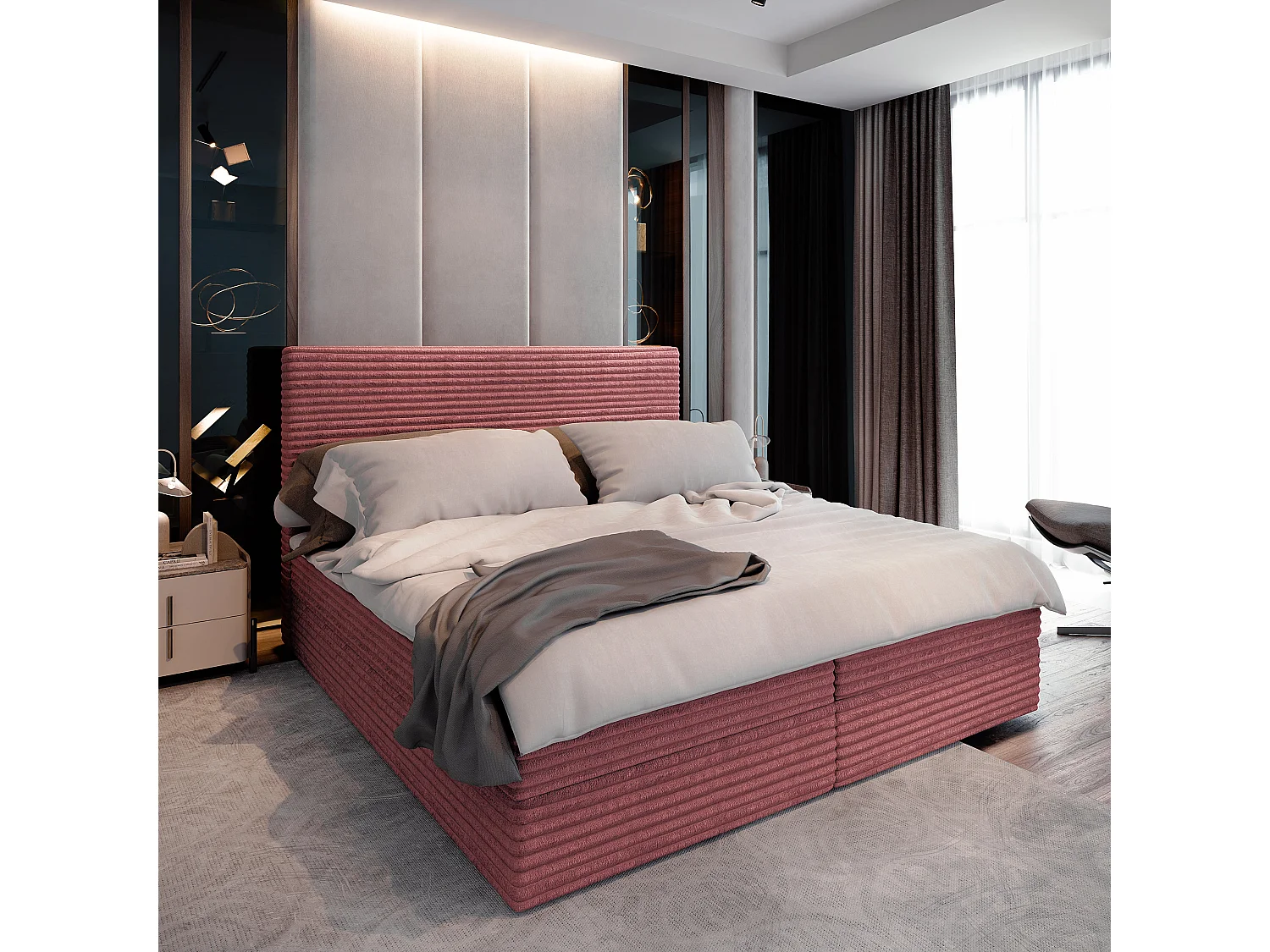 Lit boxspring PISA 200x200 cm avec tête de lit, sommier et matelas, Rose poudré