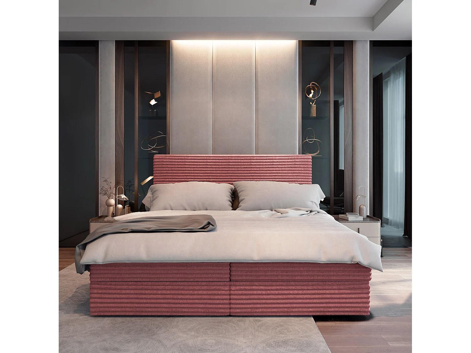Lit boxspring PISA 200x200 cm avec tête de lit, sommier et matelas, Rose poudré