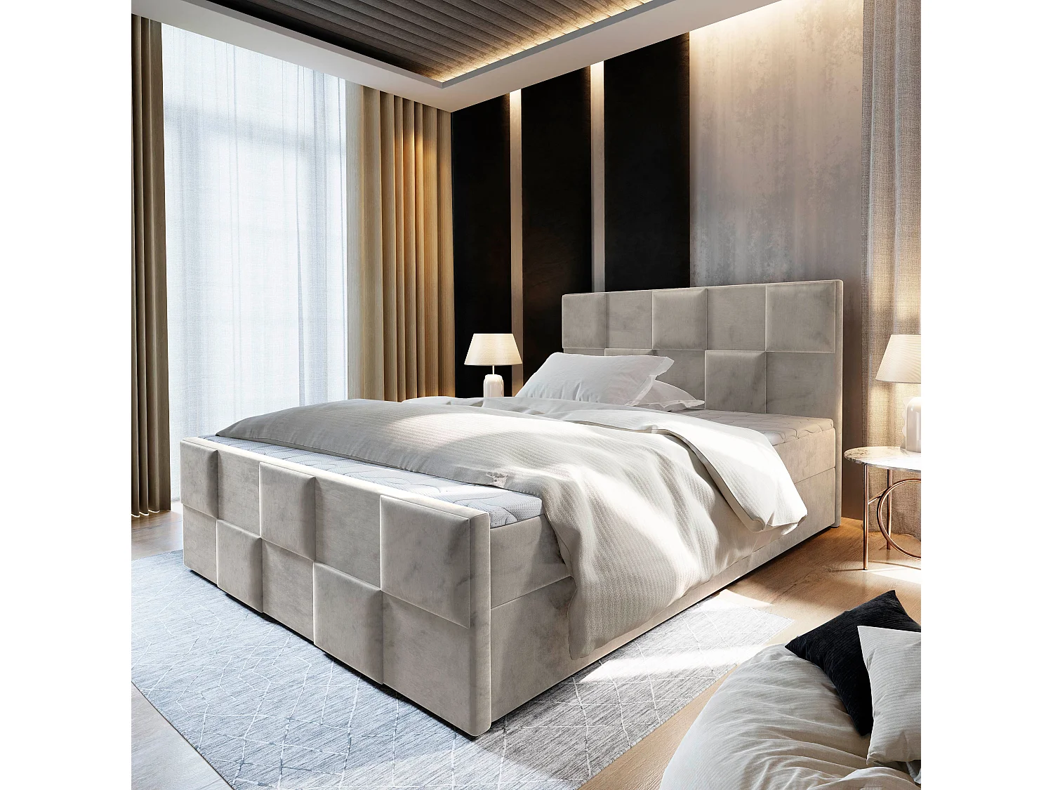 Boxspringbett MONA 200x200 cm Set mit Kopfteil, Bettgestell und Matratze, Beige