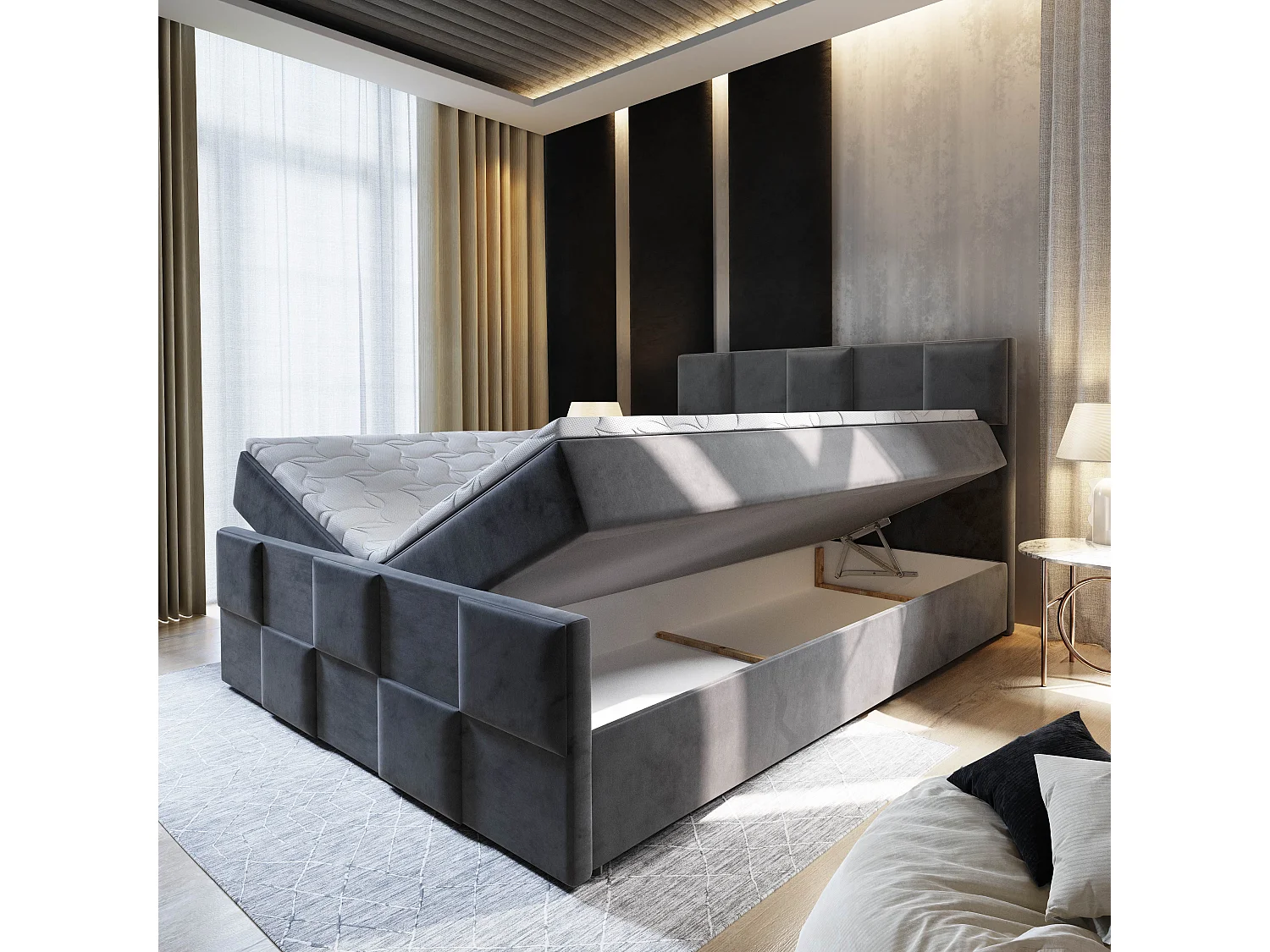 Boxspringbett MONA 200x200 cm Set mit Kopfteil, Bettgestell und Matratze, Beige