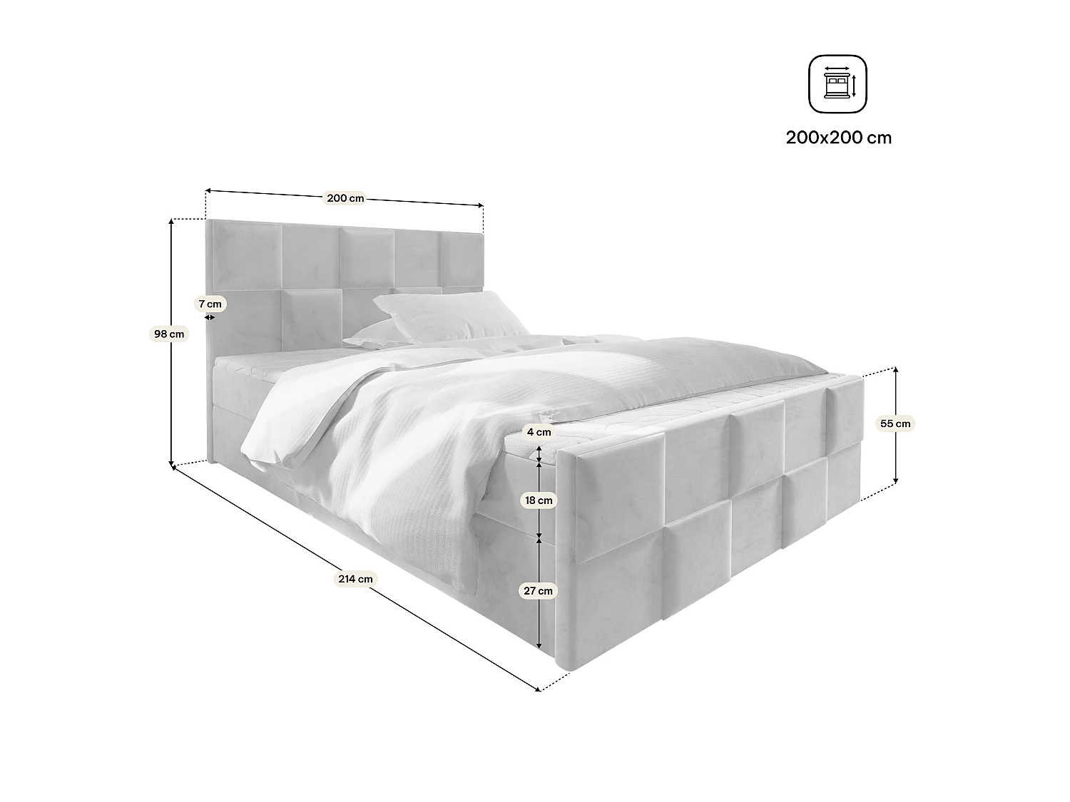 Boxspringbett MONA 200x200 cm Set mit Kopfteil, Bettgestell und Matratze, Beige
