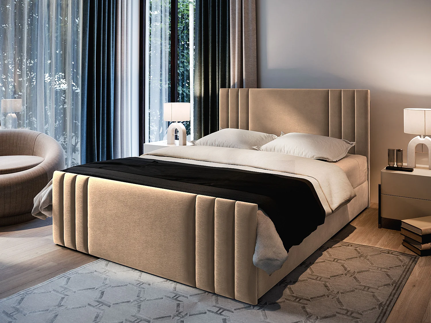 Boxspringbed KANES 200x200 cm Set met hoofdbord, bedbodem en matras, Beige