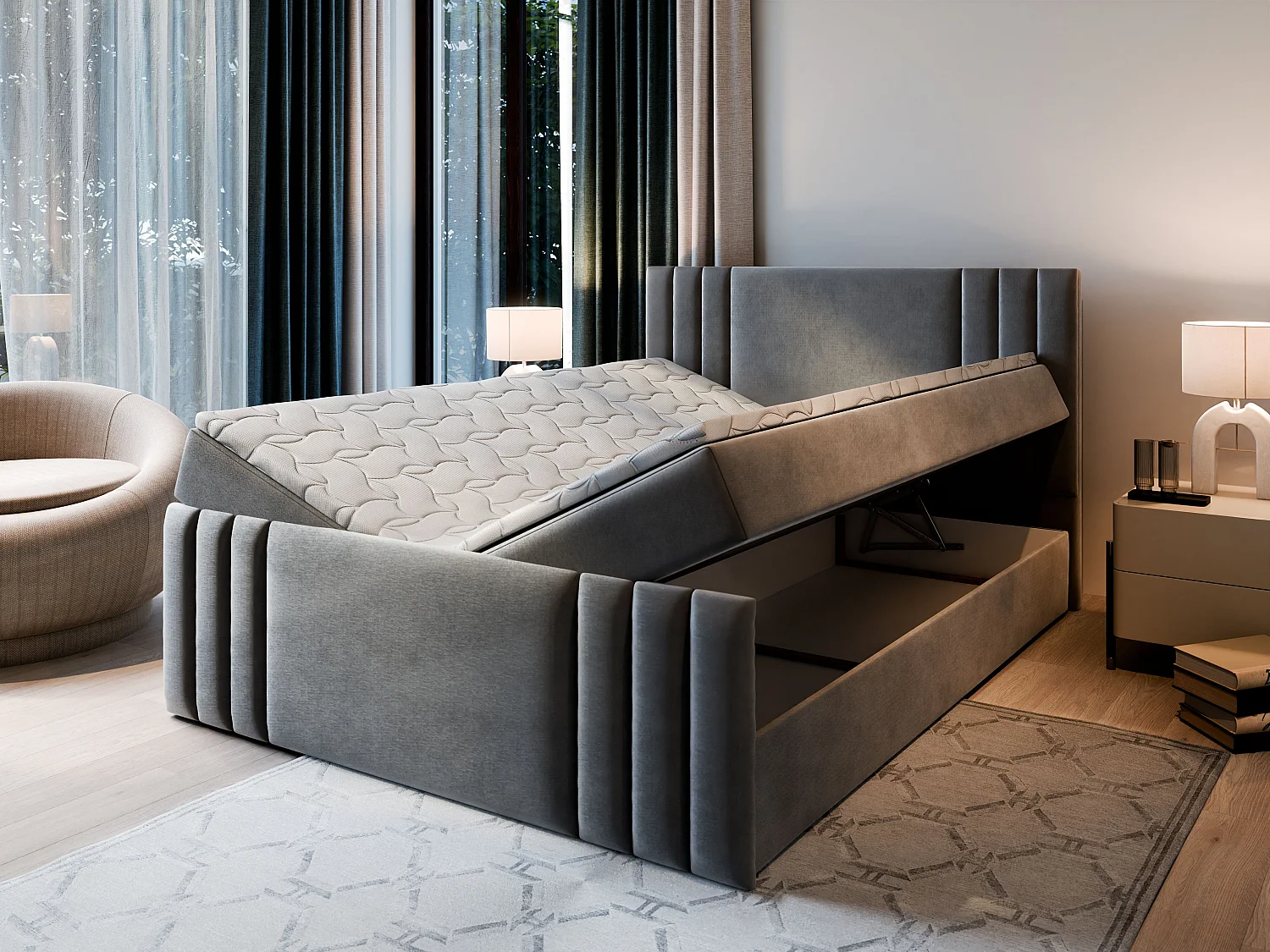 Boxspringbed KANES 200x200 cm Set met hoofdbord, bedbodem en matras, Beige