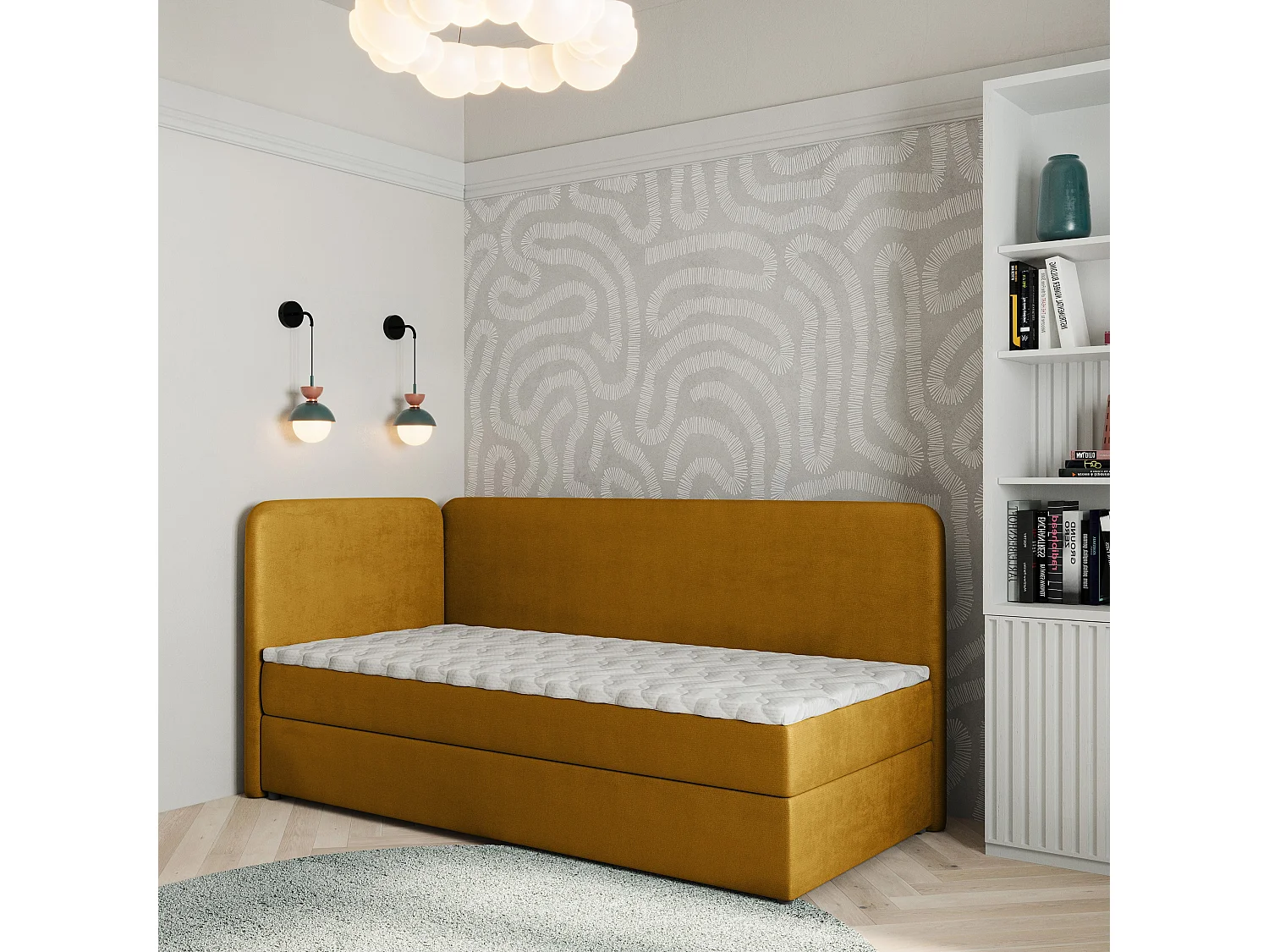 Lit boxspring GINA 80x200 cm avec tête de lit, sommier et matelas, Jaune