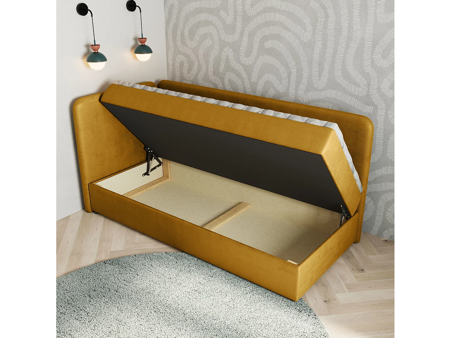 Lit boxspring GINA 80x200 cm avec tête de lit, sommier et matelas, Jaune
