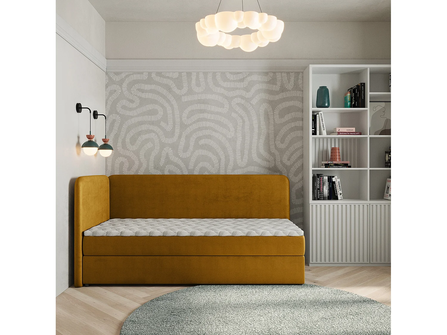 Lit boxspring GINA 80x200 cm avec tête de lit, sommier et matelas, Jaune