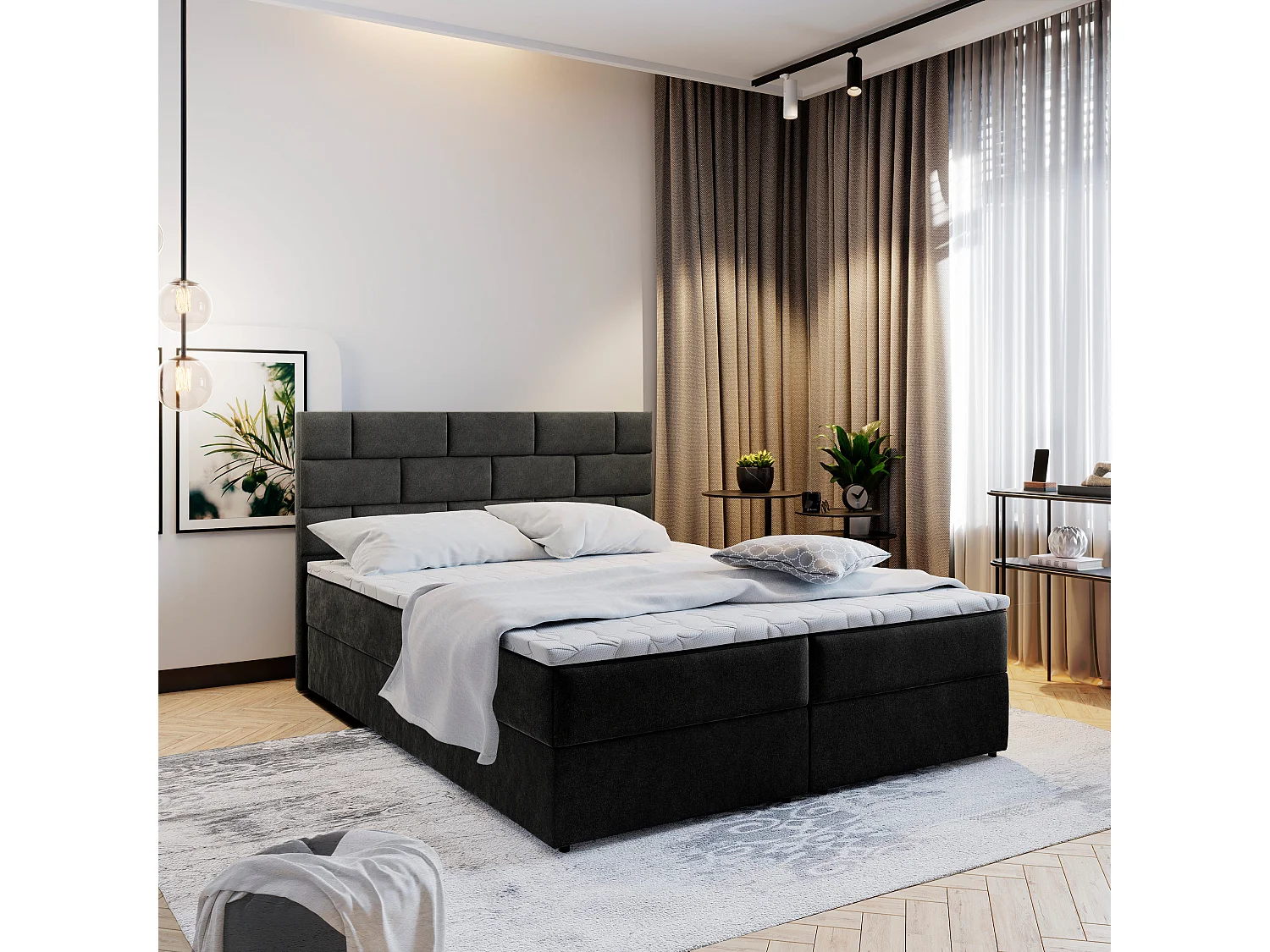 Boxspringbed KERLO 200x200 cm Set met hoofdbord, bedbodem en matras, Zwart