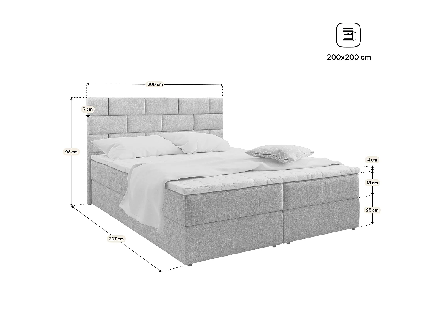 Boxspringbed KERLO 200x200 cm Set met hoofdbord, bedbodem en matras, Zwart