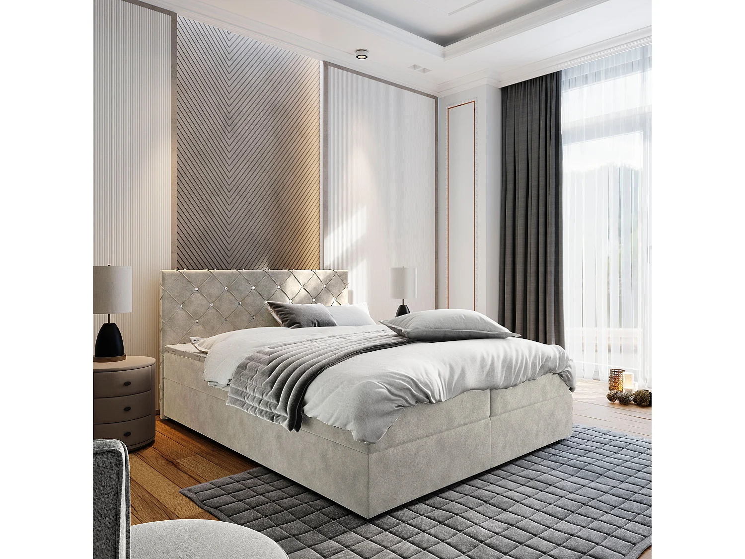 Boxspringbed RIVA 200x200 cm Set met hoofdbord, bedbodem en matras, Beige