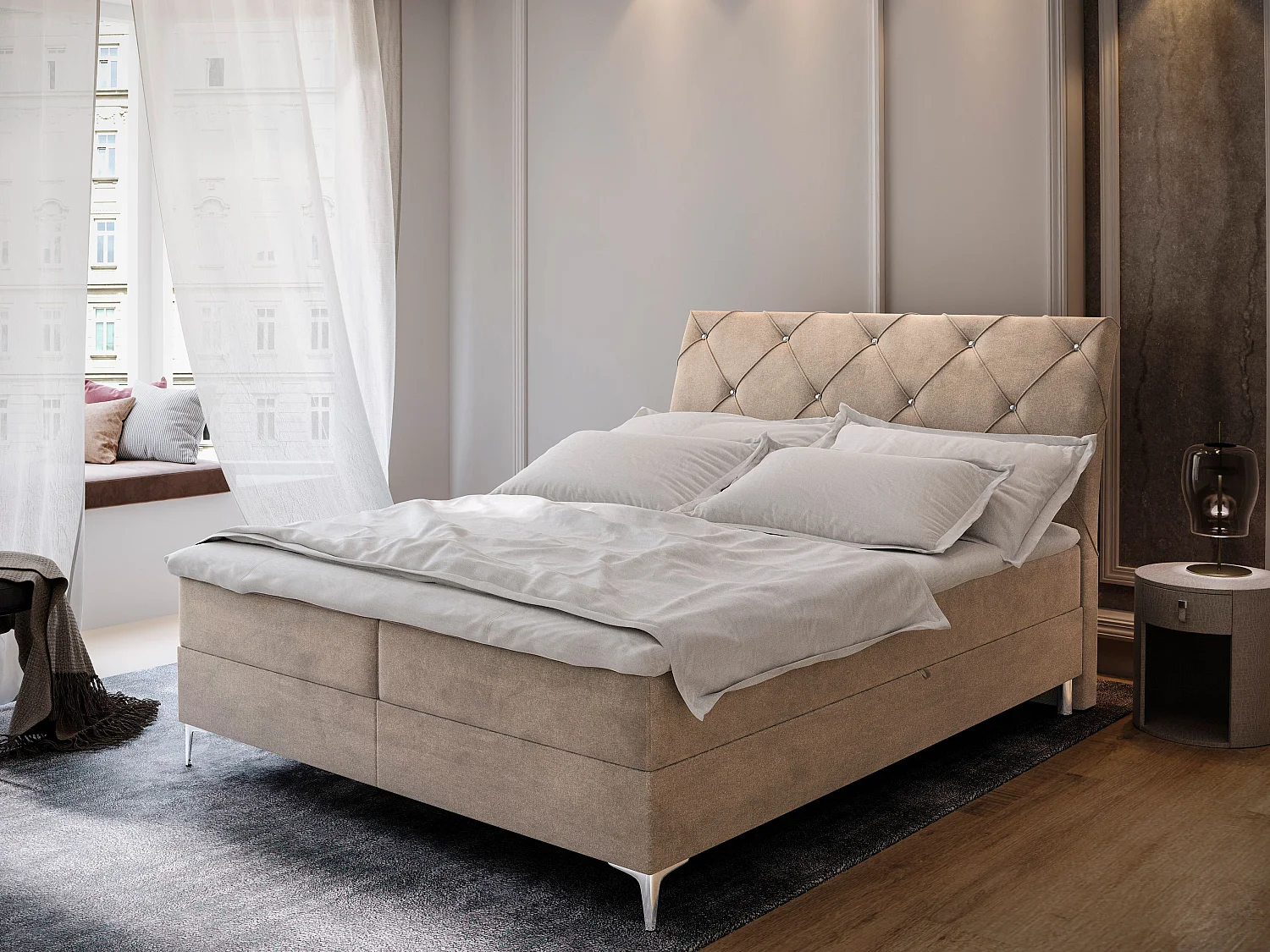 Boxspringbett MACON 200x200 cm Set mit Kopfteil, Bettgestell und Matratze, Beige