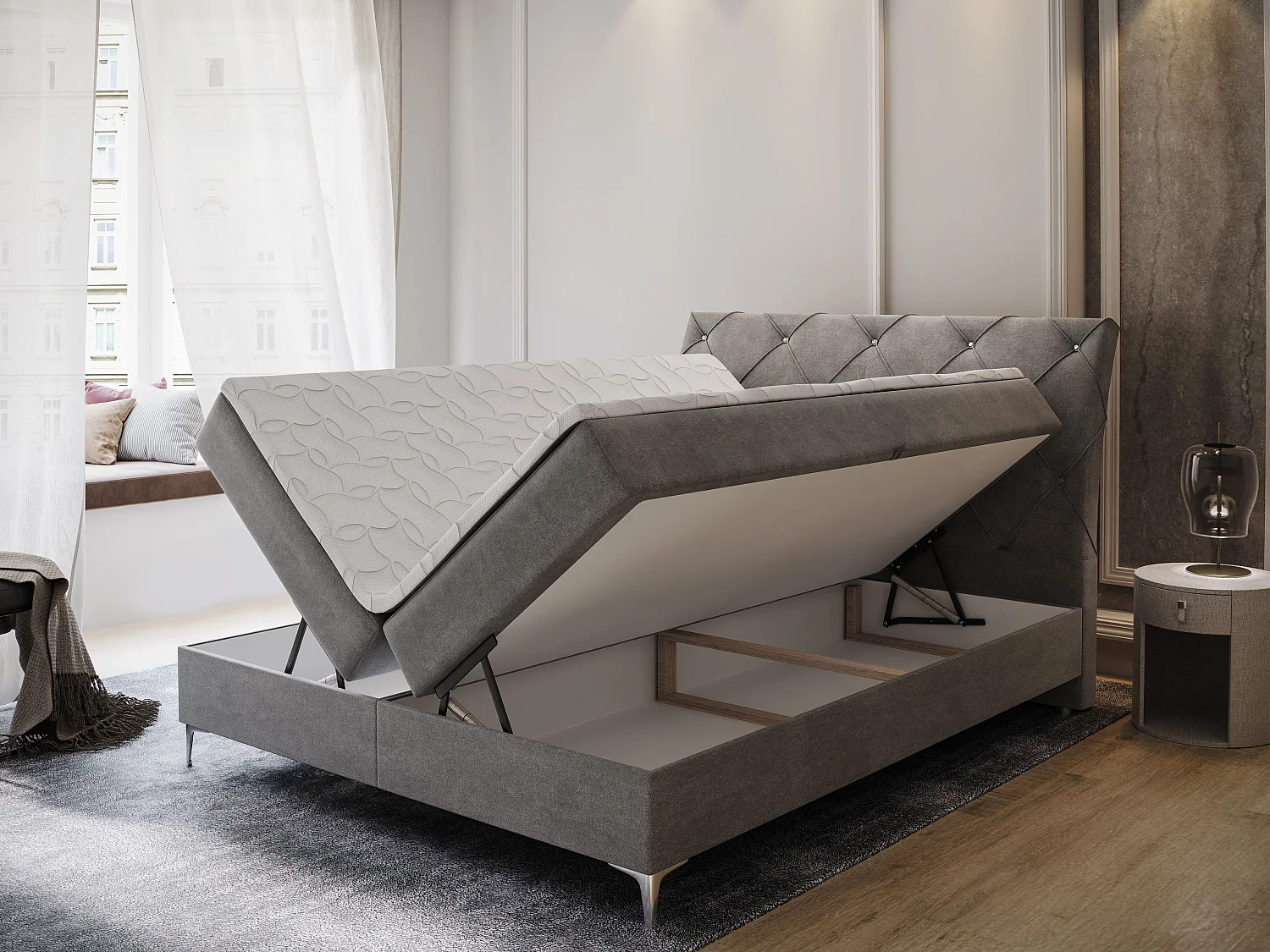 Boxspringbett MACON 200x200 cm Set mit Kopfteil, Bettgestell und Matratze, Beige