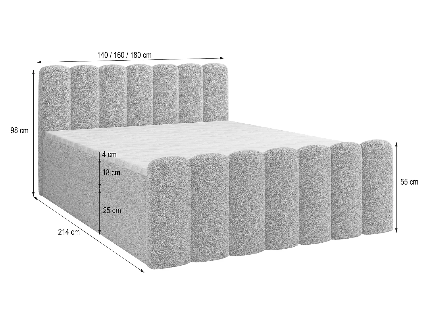 Boxspringbett CELLA 180x200 cm Set mit Kopfteil, Bettgestell und Matratze, Cremig
