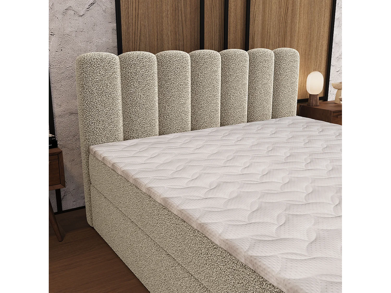 Boxspringbett CELLA 180x200 cm Set mit Kopfteil, Bettgestell und Matratze, Cremig