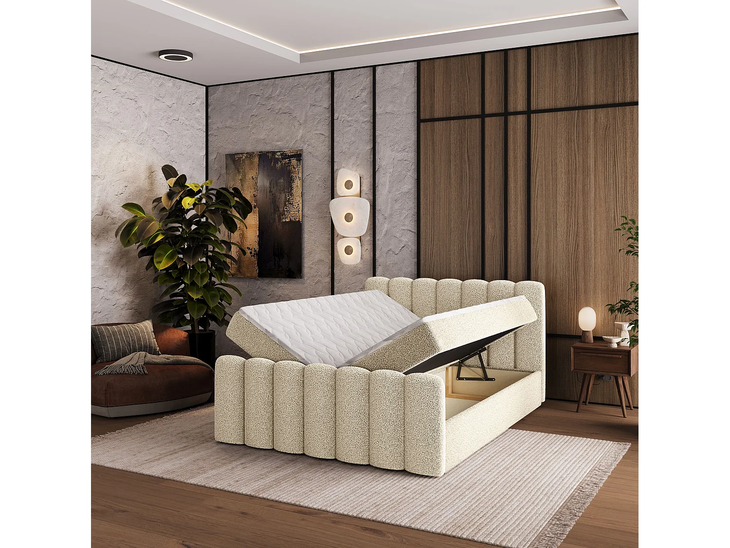 Boxspringbett CELLA 180x200 cm Set mit Kopfteil, Bettgestell und Matratze, Cremig