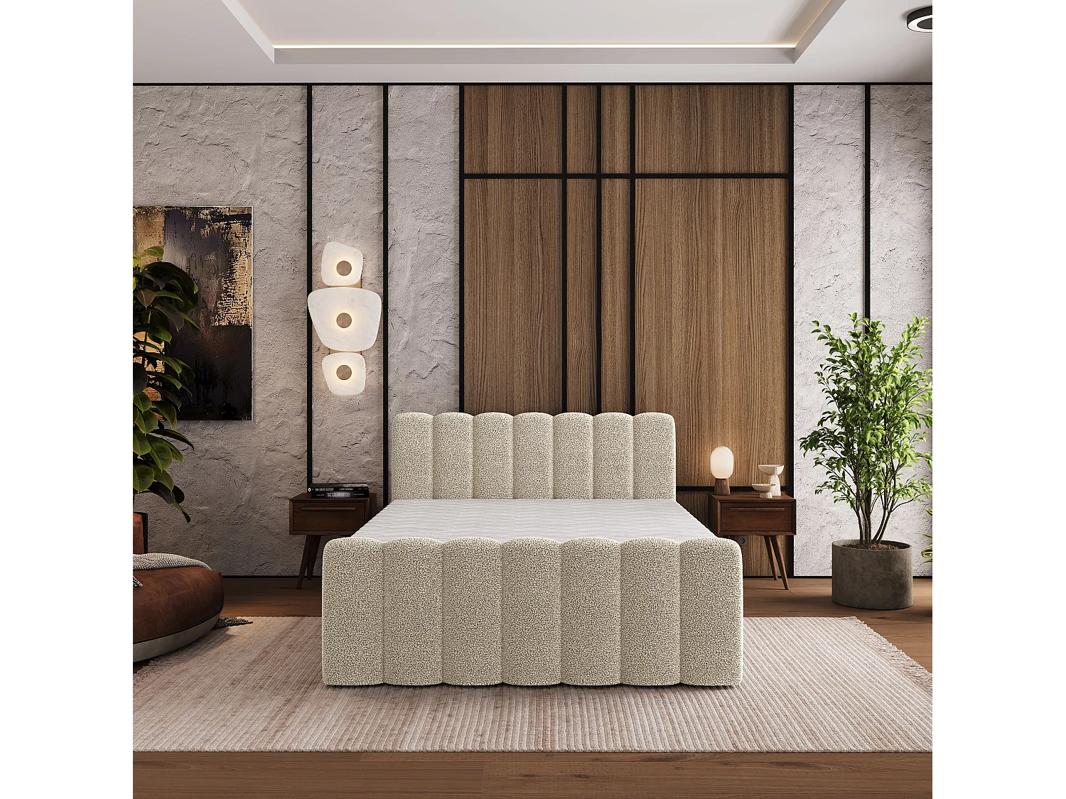 Boxspringbett CELLA 180x200 cm Set mit Kopfteil, Bettgestell und Matratze, Cremig