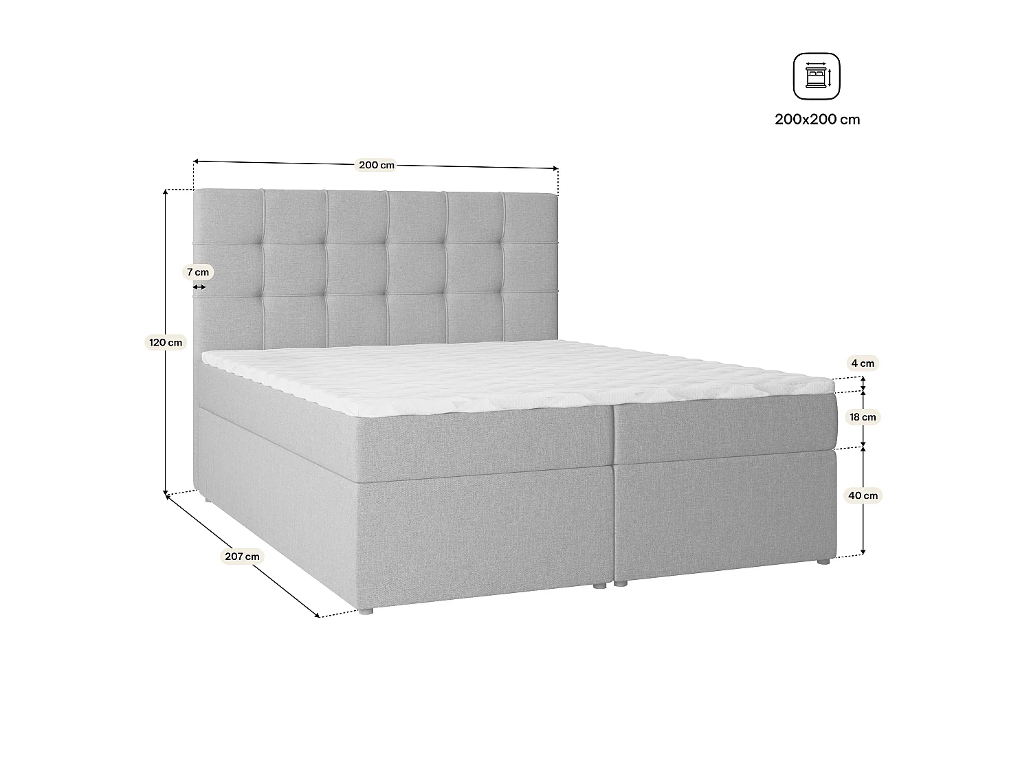 Boxspringbett PALMA 200x200 cm Set mit Kopfteil, Bettgestell und Matratze, Beige