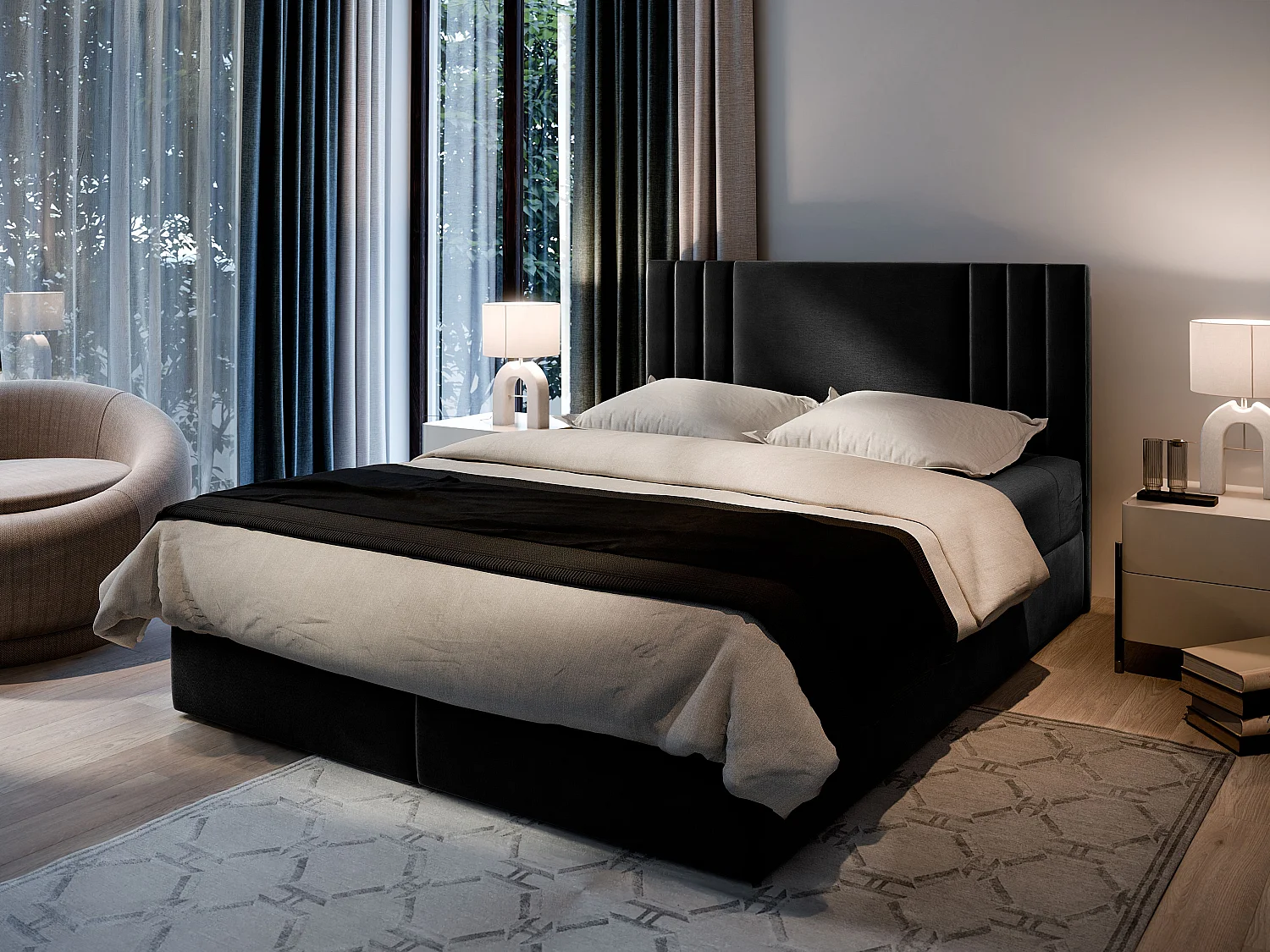 Boxspringbed BRES 200x200 cm Set met hoofdbord, bedbodem en matras, Zwart