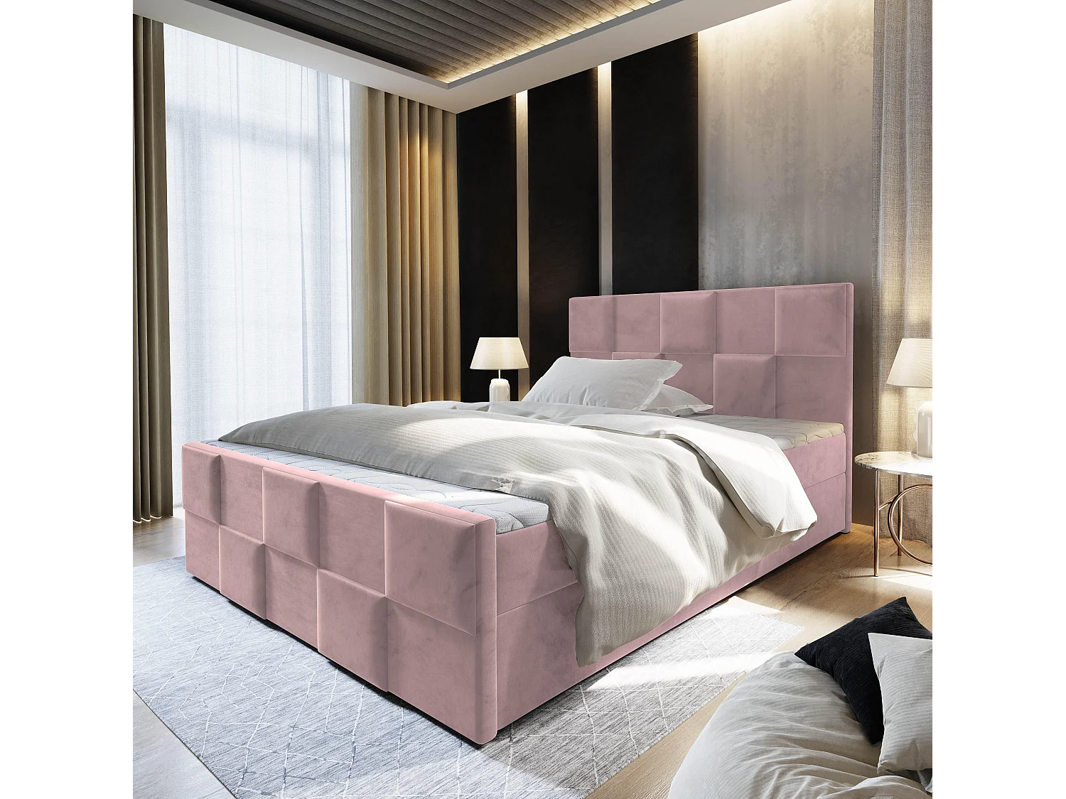 Lit boxspring MONA 200x200 cm avec tête de lit, sommier et matelas, Rose poudré